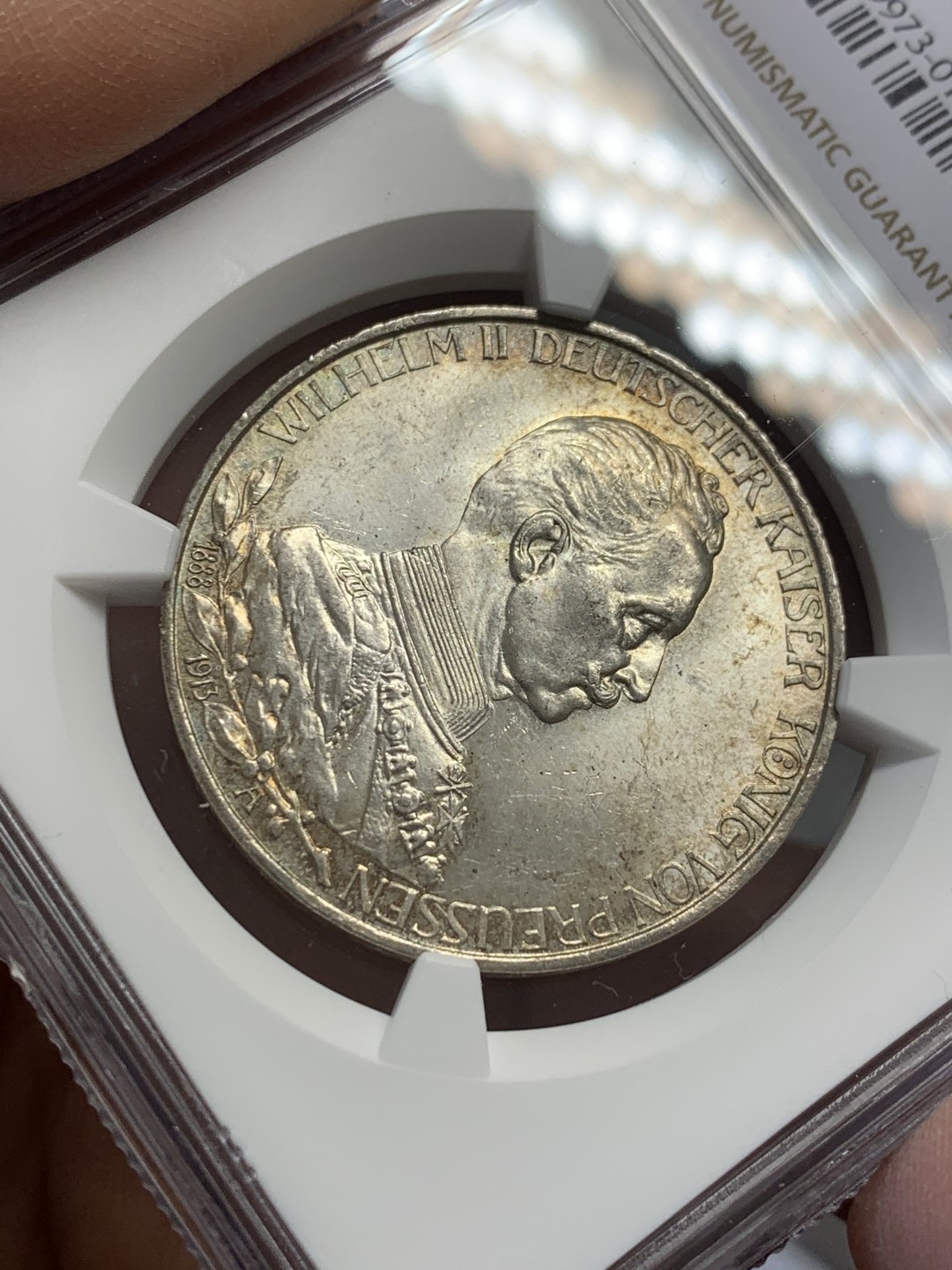 《竞宝斋》第125场-周日，周一 ，2场连拍（全场包邮） NGC-MS62 德国普鲁士1913年威廉二世在位25周年纪念3马克银币