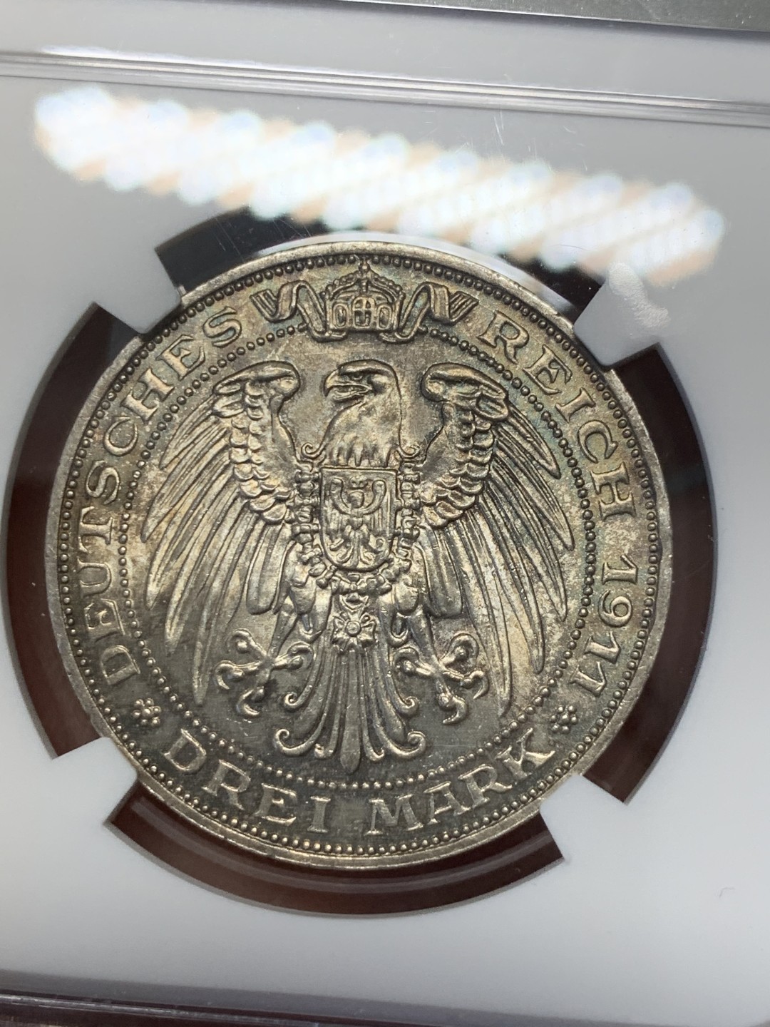 《竞宝斋》第125场-周日，周一 ，2场连拍（全场包邮） NGC-MS63 德国普鲁士1911年布雷斯劳大学纪念3马克银币