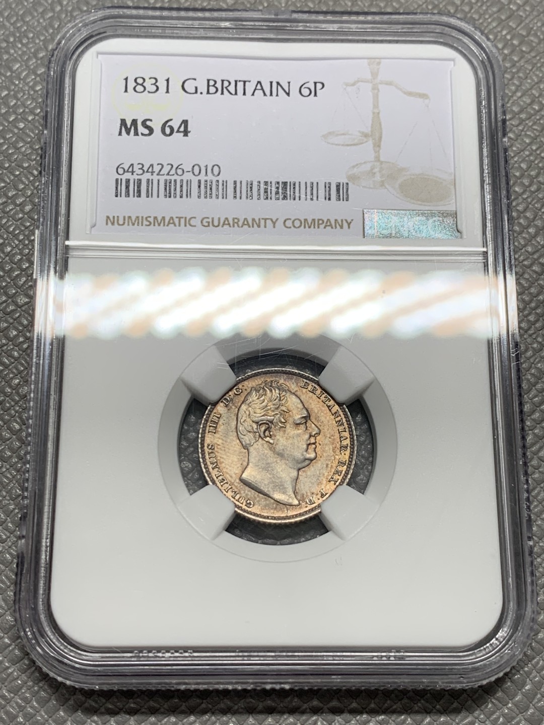 《竞宝斋》第126场-周日，周一 ，2场连拍（全场包邮） NGC MS64 英国 1831年 威廉四世 6便士 银币 SIX版 双面五彩 车轮光 极好