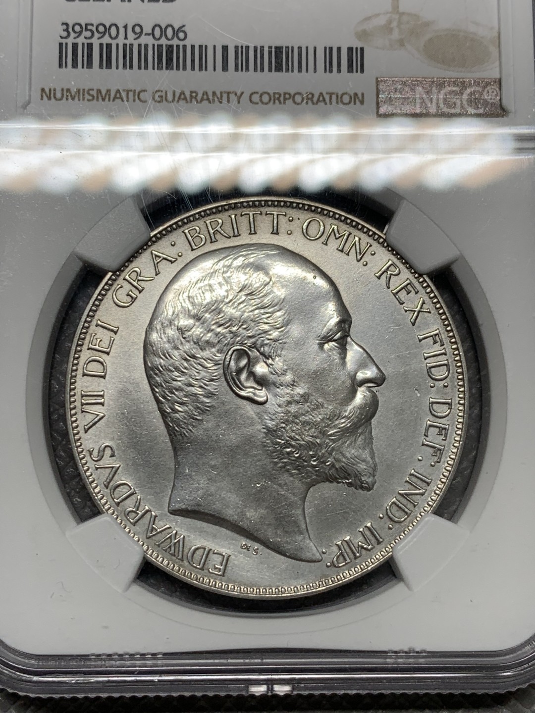 《竞宝斋》第126场-周日，周一 ，2场连拍（全场包邮） NGC-PR 1902年英国爱德华七世马剑克朗 轻微清洗痕迹，精制版头发清晰，性价比之选