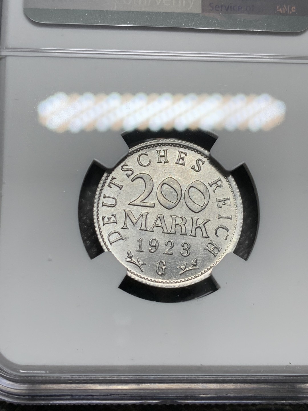 《竞宝斋》第126场-周日，周一 ，2场连拍（全场包邮） NGC-MS65第四名 德国魏玛共和国1923年200马克铝币 卡尔斯鲁厄造币厂铸造