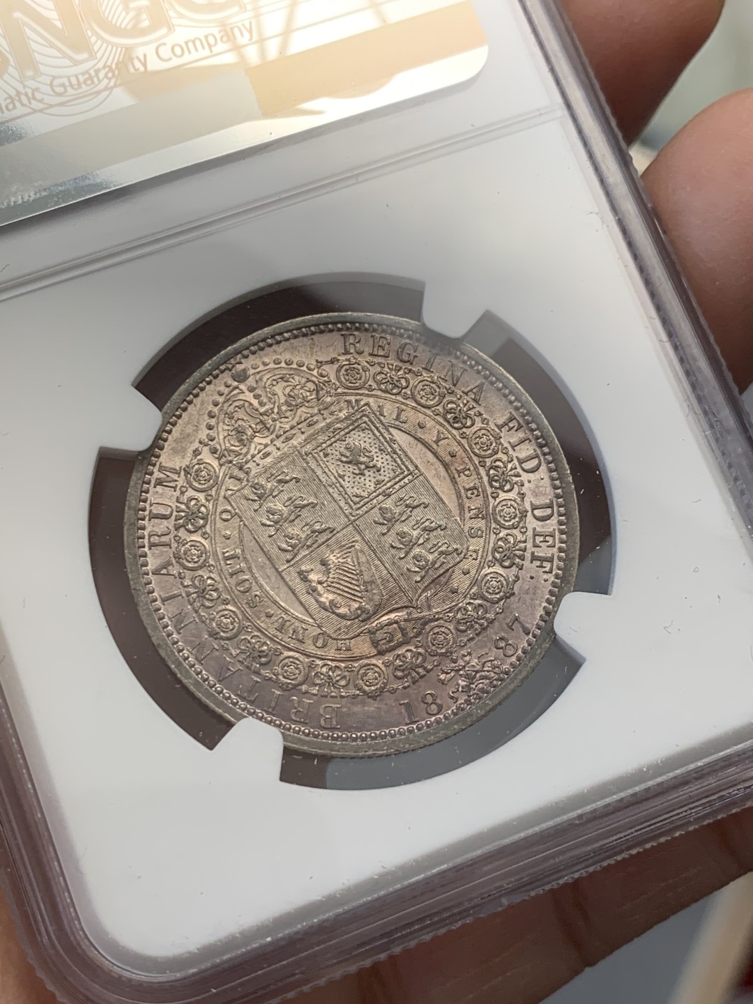《竞宝斋》第126场-周日，周一 ，2场连拍（全场包邮） NGC UNC 英国 1887年 维多利亚 高冠版 半克朗银币 绚烂包浆