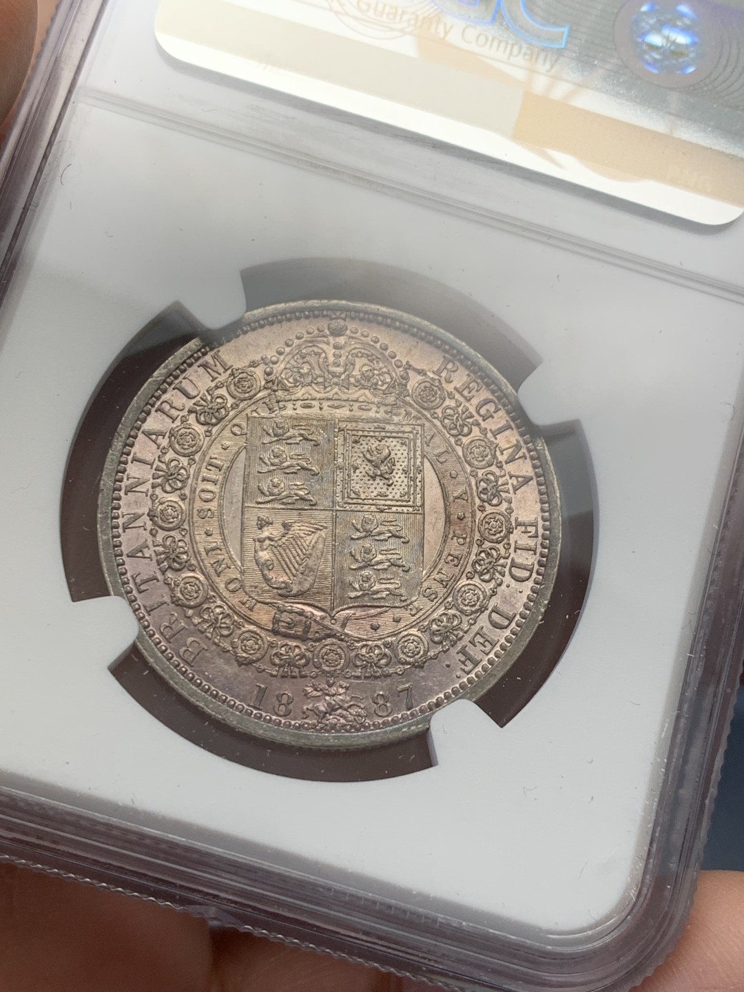 《竞宝斋》第126场-周日，周一 ，2场连拍（全场包邮） NGC UNC 英国 1887年 维多利亚 高冠版 半克朗银币 绚烂包浆