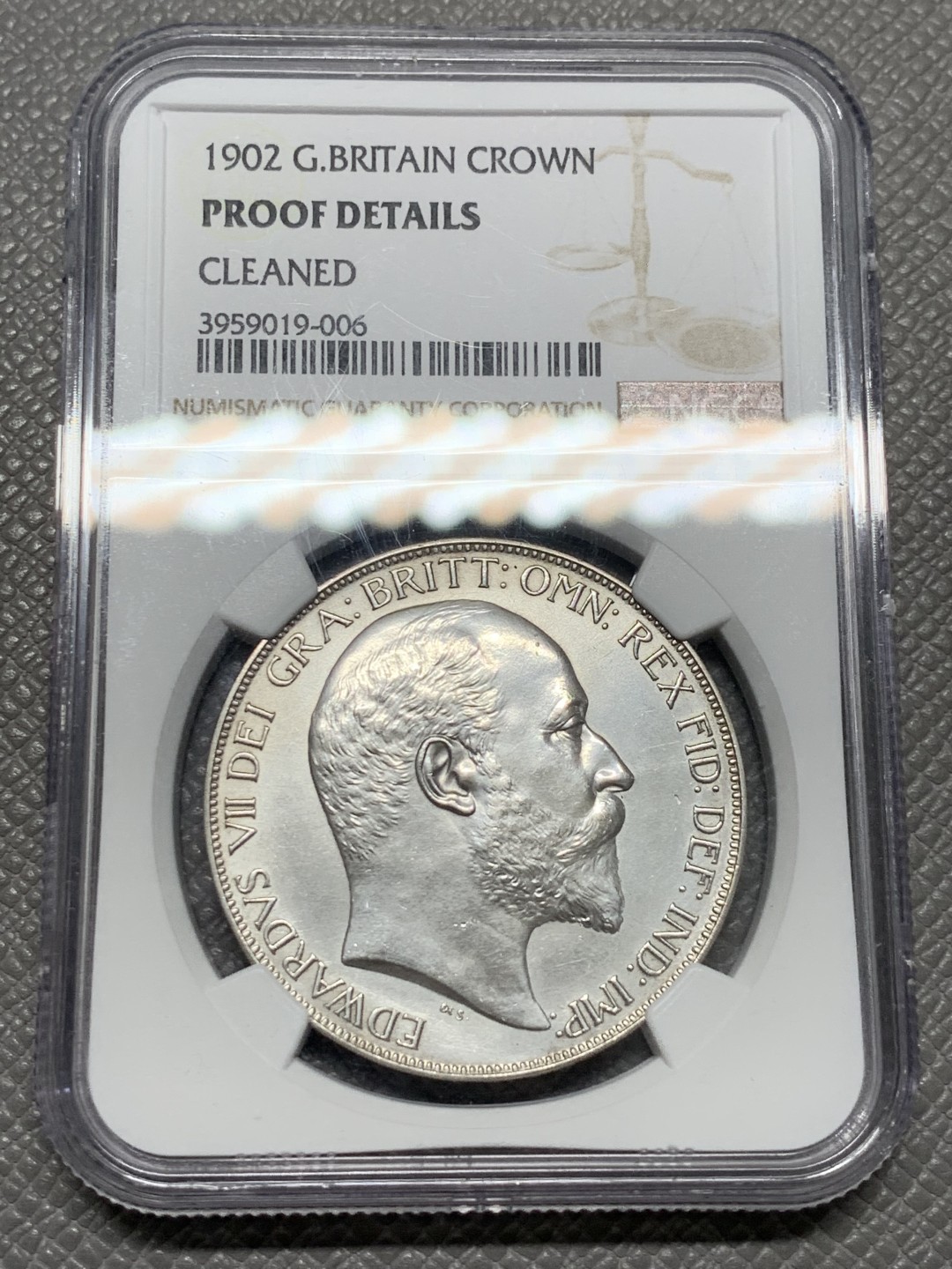 《竞宝斋》第126场-周日，周一 ，2场连拍（全场包邮） NGC-PR 1902年英国爱德华七世马剑克朗 轻微清洗痕迹，精制版头发清晰，性价比之选