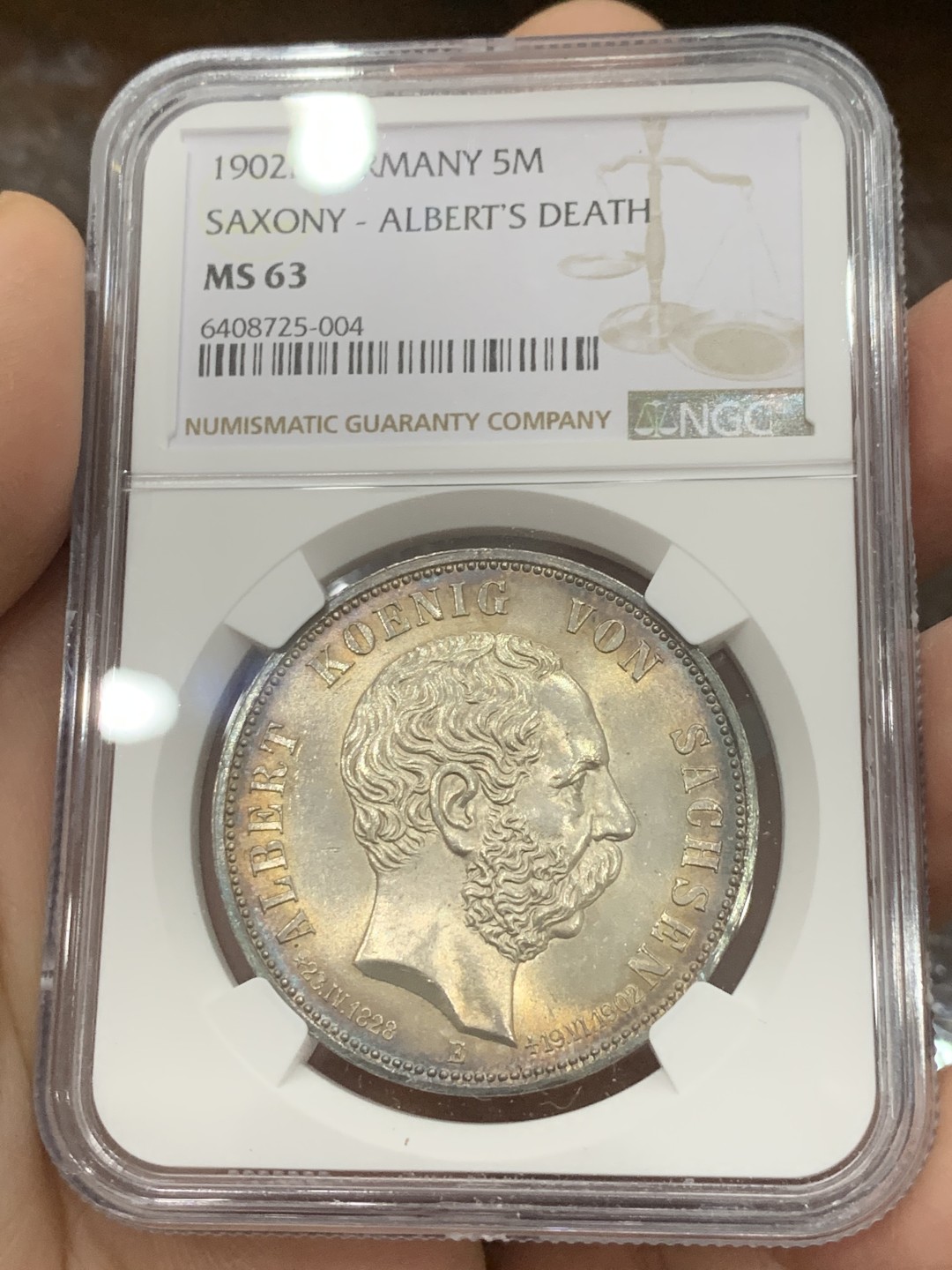 《竞宝斋》第126场-周日，周一 ，2场连拍（全场包邮） NGC-MS63 德国萨克森 1902年 阿尔伯特纪念 5马克大银币 环彩包浆 一流的状态