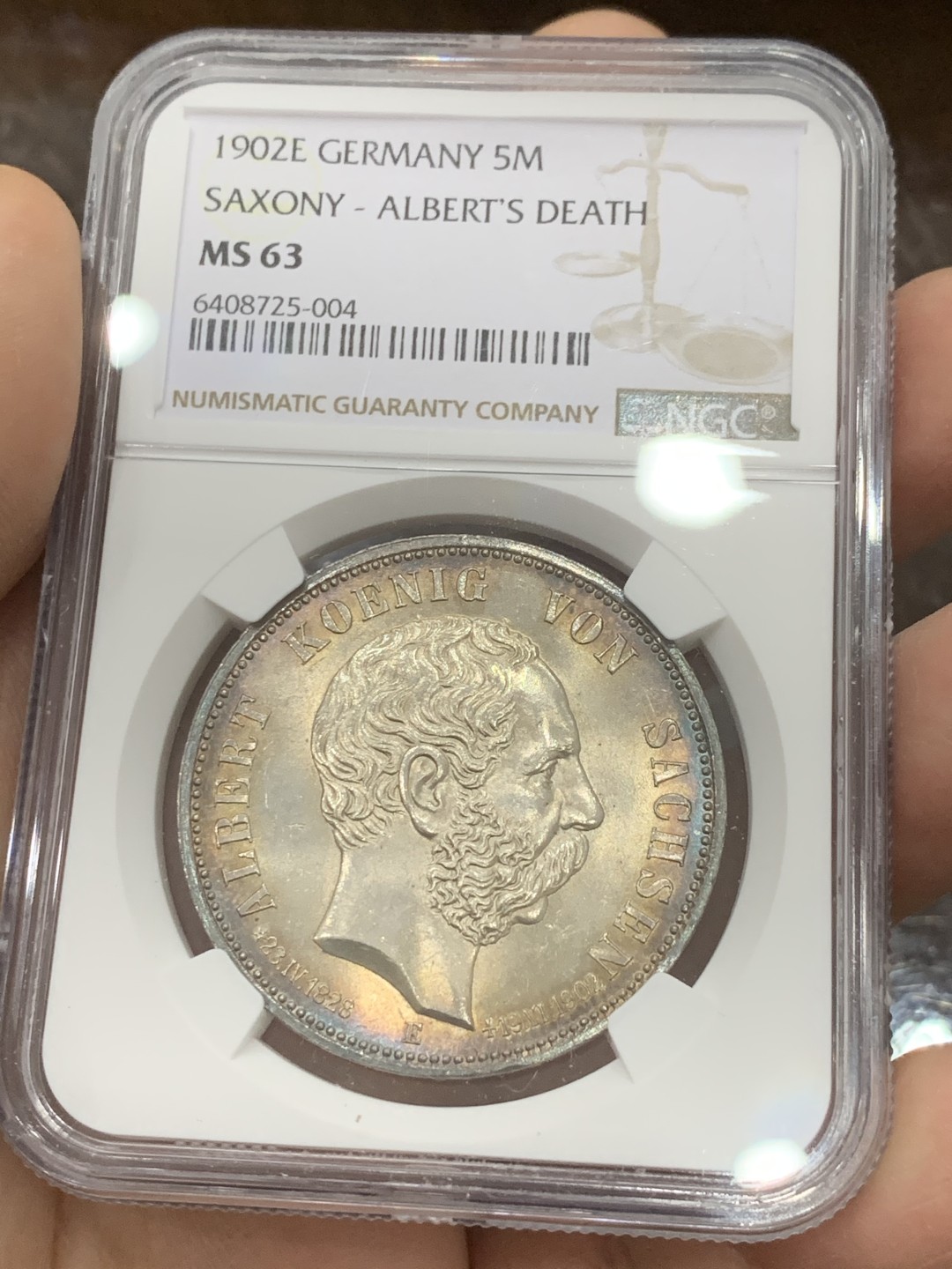 《竞宝斋》第126场-周日，周一 ，2场连拍（全场包邮） NGC-MS63 德国萨克森 1902年 阿尔伯特纪念 5马克大银币 环彩包浆 一流的状态
