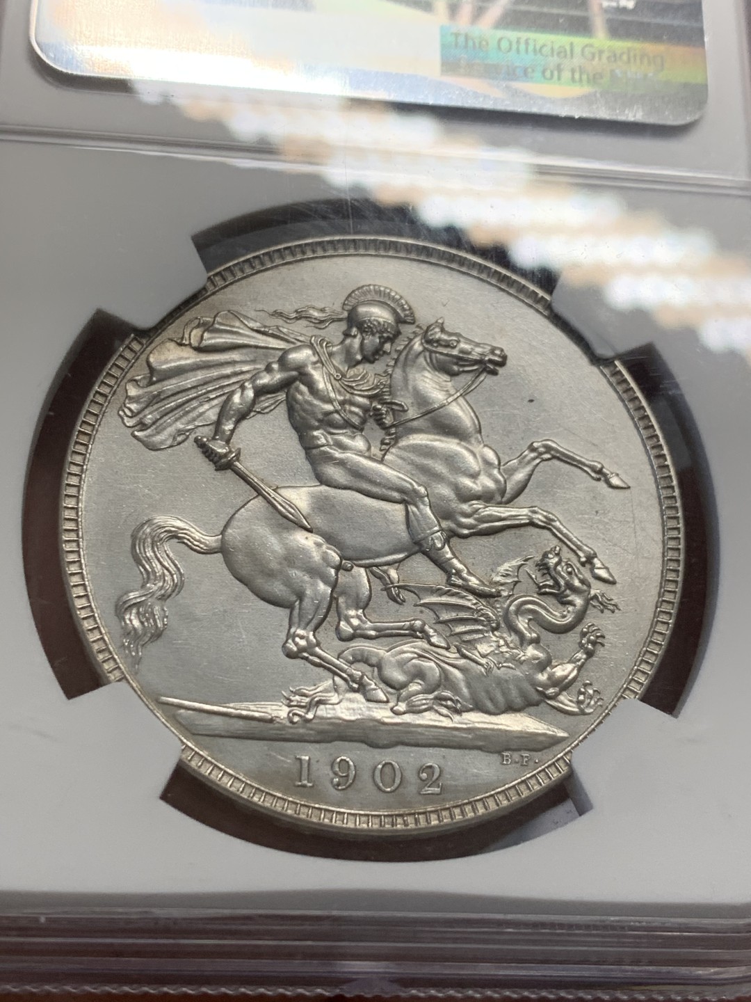 《竞宝斋》第126场-周日，周一 ，2场连拍（全场包邮） NGC-PR 1902年英国爱德华七世马剑克朗 轻微清洗痕迹，精制版头发清晰，性价比之选