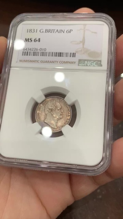 《竞宝斋》第126场-周日，周一 ，2场连拍（全场包邮） NGC MS64 英国 1831年 威廉四世 6便士 银币 SIX版 双面五彩 车轮光 极好