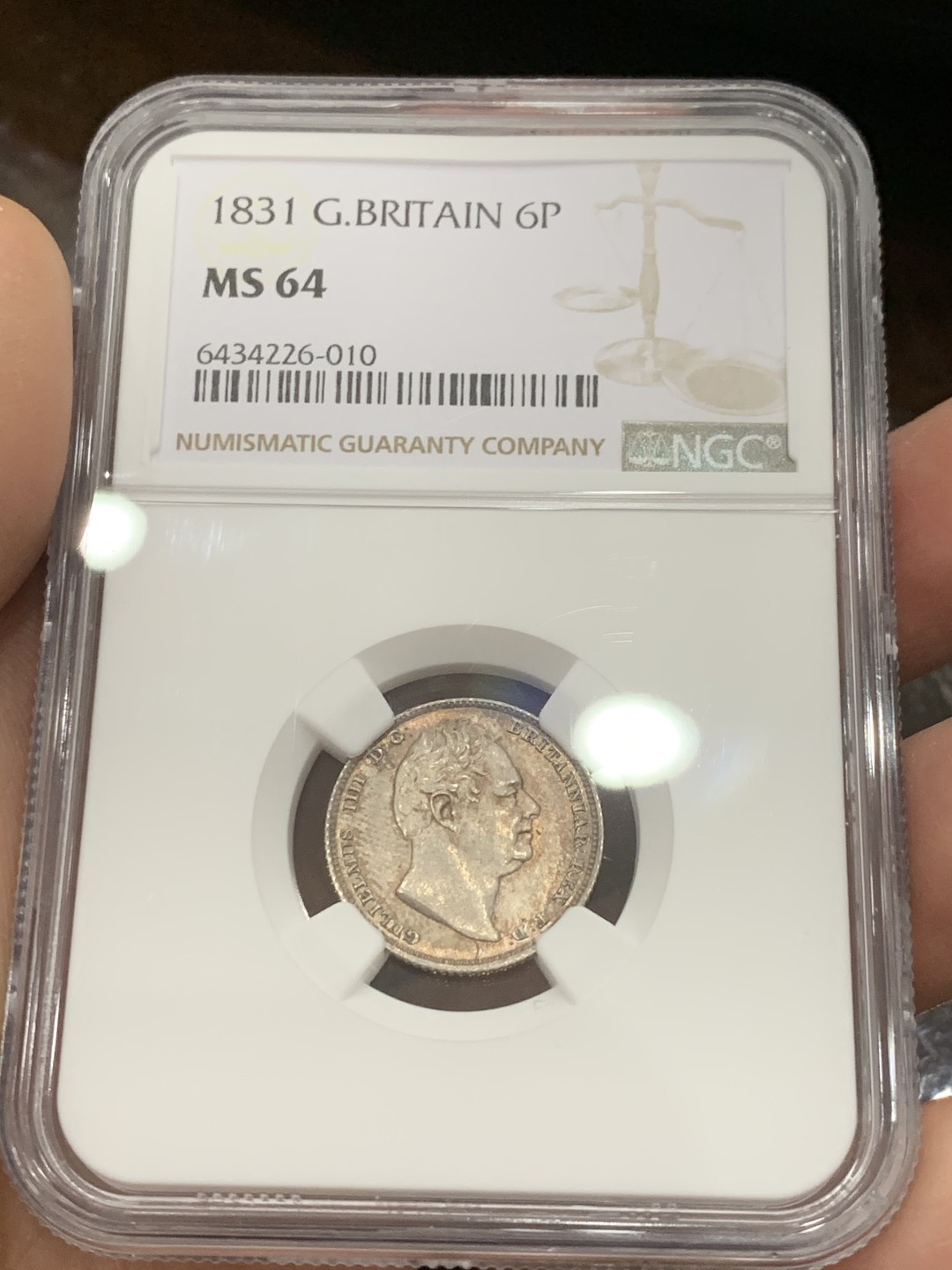 《竞宝斋》第126场-周日，周一 ，2场连拍（全场包邮） NGC MS64 英国 1831年 威廉四世 6便士 银币 SIX版 双面五彩 车轮光 极好