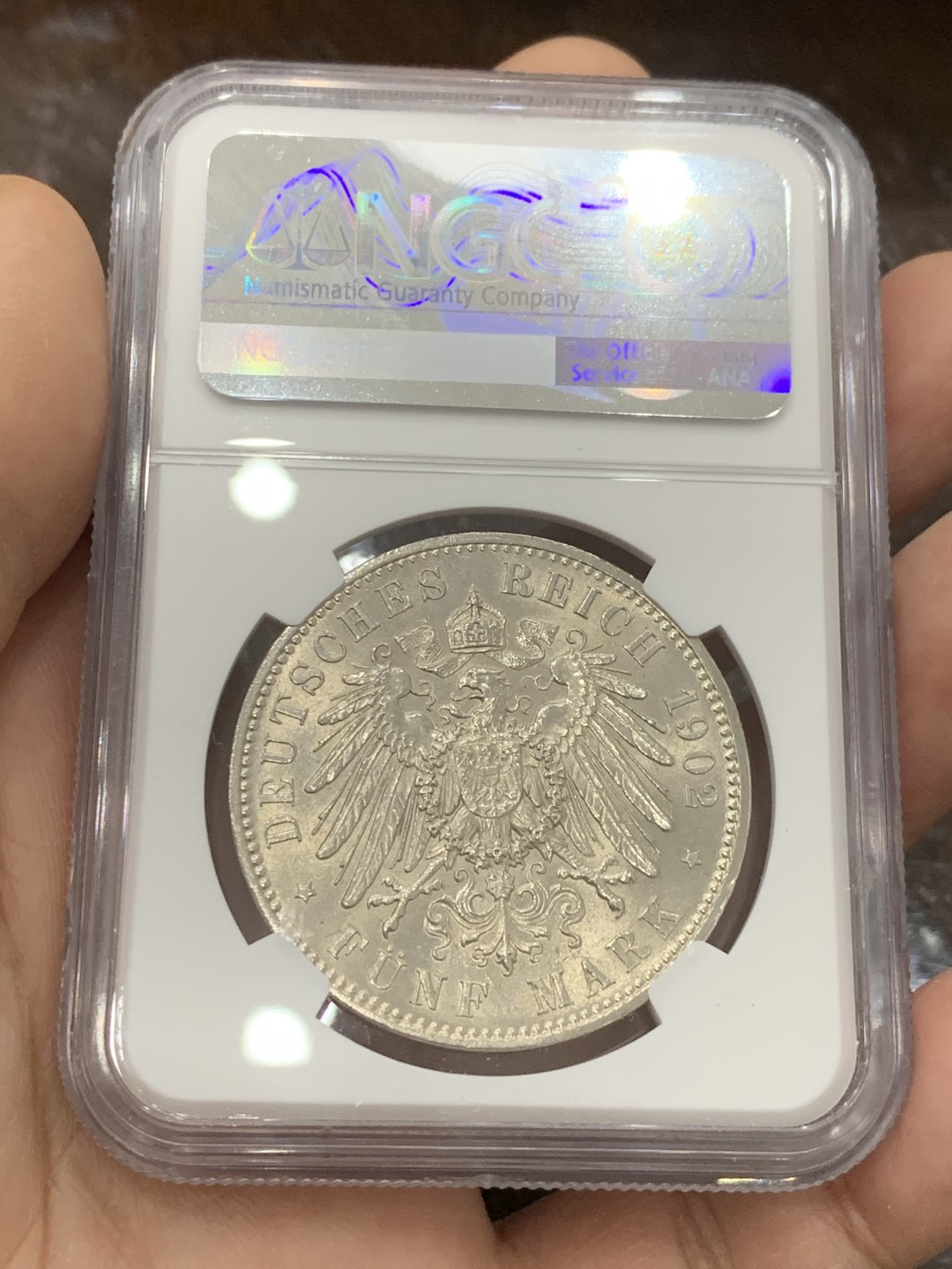《竞宝斋》第126场-周日，周一 ，2场连拍（全场包邮） NGC-MS63 德国萨克森 1902年 阿尔伯特纪念 5马克大银币 环彩包浆 一流的状态