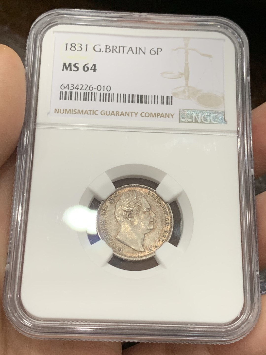 《竞宝斋》第126场-周日，周一 ，2场连拍（全场包邮） NGC MS64 英国 1831年 威廉四世 6便士 银币 SIX版 双面五彩 车轮光 极好