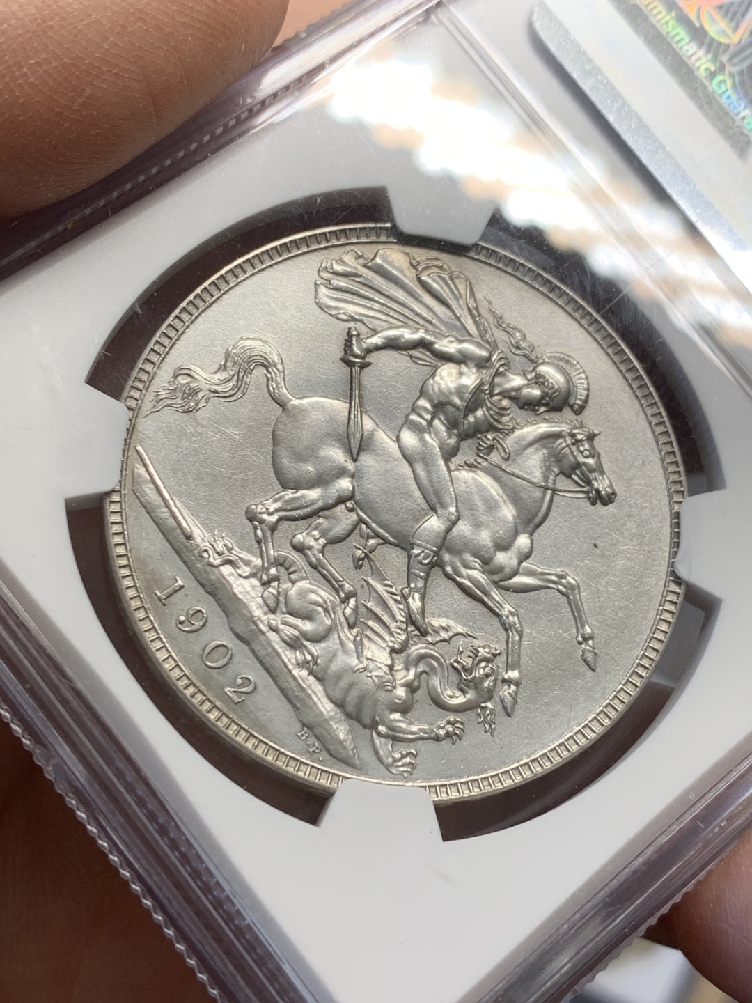 《竞宝斋》第126场-周日，周一 ，2场连拍（全场包邮） NGC-PR 1902年英国爱德华七世马剑克朗 轻微清洗痕迹，精制版头发清晰，性价比之选
