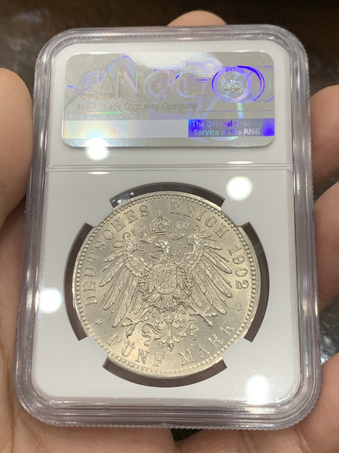 《竞宝斋》第126场-周日，周一 ，2场连拍（全场包邮） NGC-MS63 德国萨克森 1902年 阿尔伯特纪念 5马克大银币 环彩包浆 一流的状态