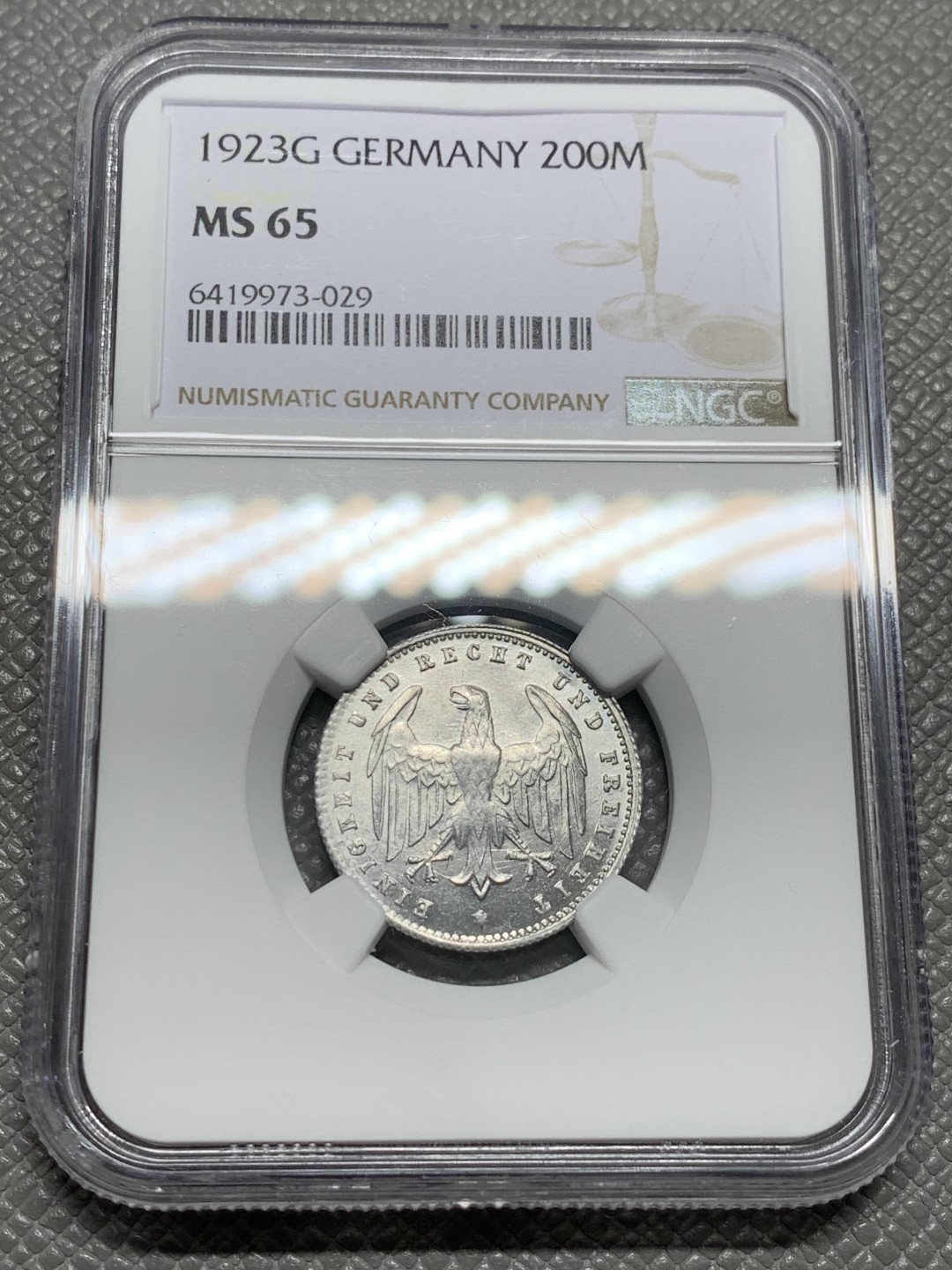 《竞宝斋》第126场-周日，周一 ，2场连拍（全场包邮） NGC-MS65第四名 德国魏玛共和国1923年200马克铝币 卡尔斯鲁厄造币厂铸造