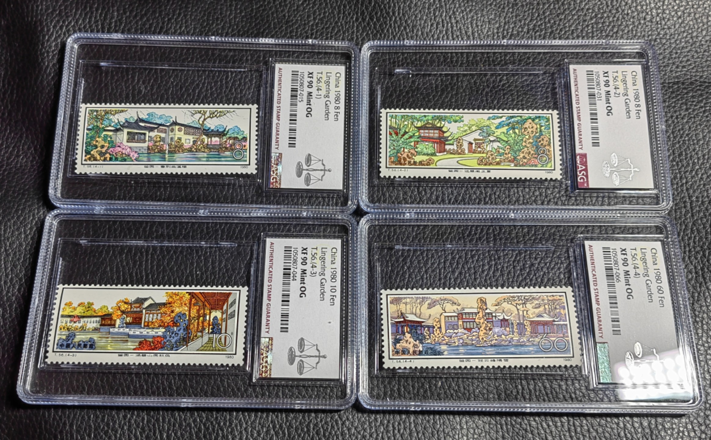 洪涛臻品批发群  精选邮票限时拍卖第一百二十期 T56留园  新全  ASG90高分一组，中盒，一手出分，壳子完好无划痕，非常漂亮，版撕全品送评，最严格时期一次性出分，面艳背白，票状态极佳，中盒评级费四枚下来接近500元，90高分藏家首选，喜欢不要错过。