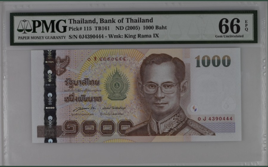 收藏联盟Quantum Auction 第221期拍卖 （已更新） 泰国2005年1000铢 PMG66 豹子号 拉玛九世
