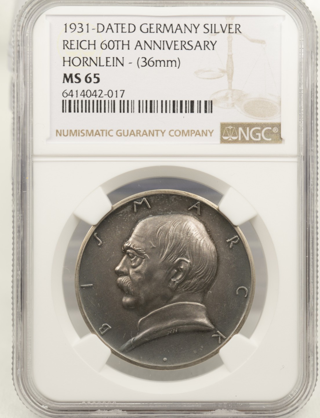 万国钱币拍卖第003期（圣诞精品特拍） 1931德国俾斯麦银章 德意志帝国60周年纪念，磨砂精铸，品相完美。