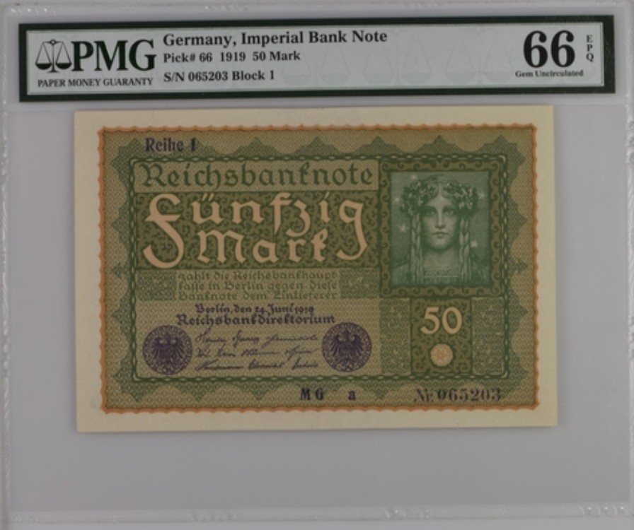 收藏联盟Quantum Auction 第221期拍卖 （已更新） 德国1919年50马克 PMG66 大票幅 百年历史