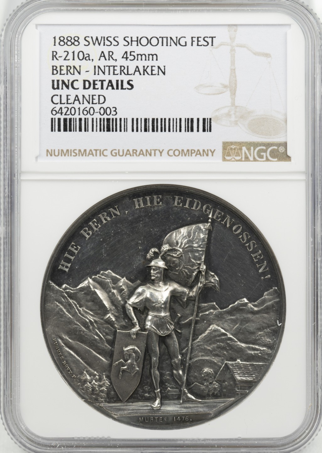 万国钱币拍卖第003期（圣诞精品特拍） 瑞士1888伯恩-因特拉肯射击节大银章，稀少品种，镜面高浮雕，五彩包浆，错杀状态。
