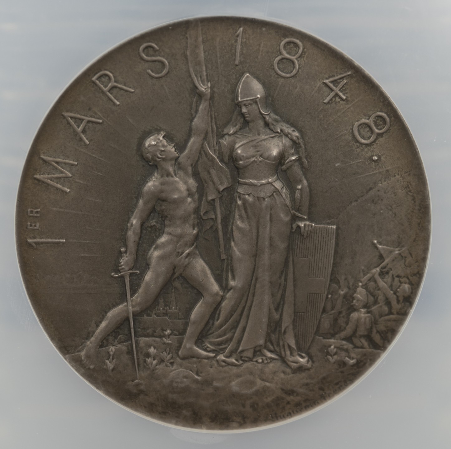 万国钱币拍卖第003期（圣诞精品特拍） 1898年瑞士纳沙泰尔州五十周年纪念大银章，包浆醇美，品相状态一流。