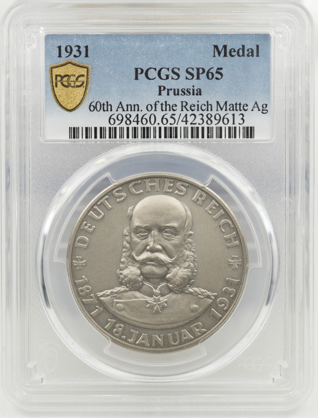 万国钱币拍卖第003期（圣诞精品特拍） 1931年德国威廉一世银章，德意志帝国60周年纪念，磨砂精铸，完美品相。