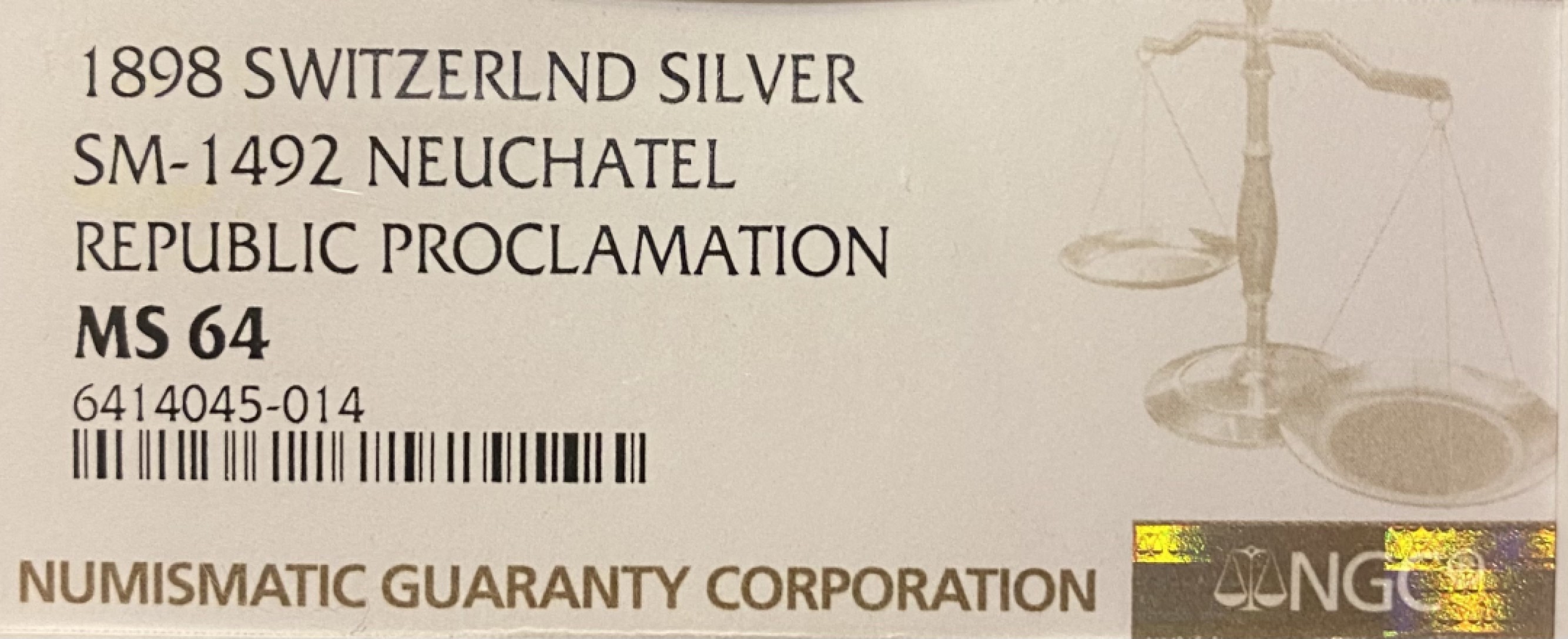 万国钱币拍卖第003期（圣诞精品特拍） 1898年瑞士纳沙泰尔州五十周年纪念大银章，包浆醇美，品相状态一流。