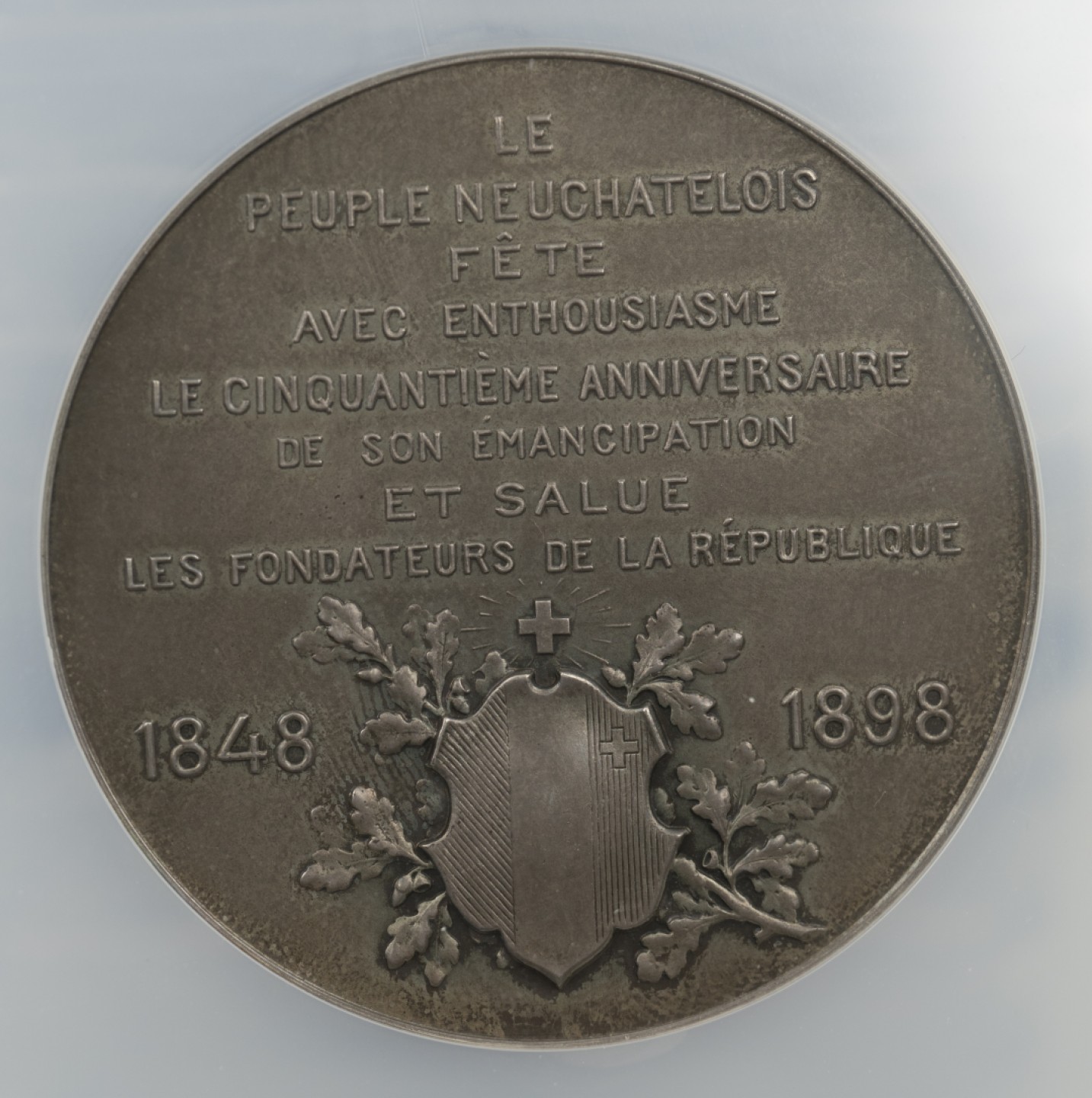 万国钱币拍卖第003期（圣诞精品特拍） 1898年瑞士纳沙泰尔州五十周年纪念大银章，包浆醇美，品相状态一流。