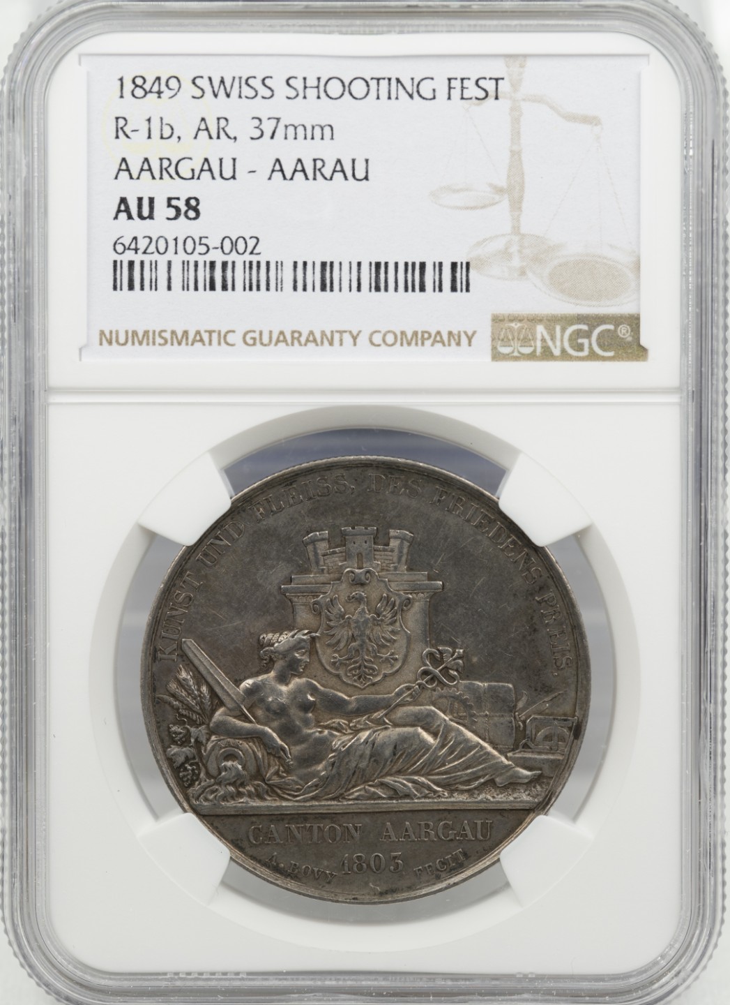 万国钱币拍卖第003期（圣诞精品特拍） 瑞士1849阿尔高射击节银章，侧卧女神，早期稀少品种。