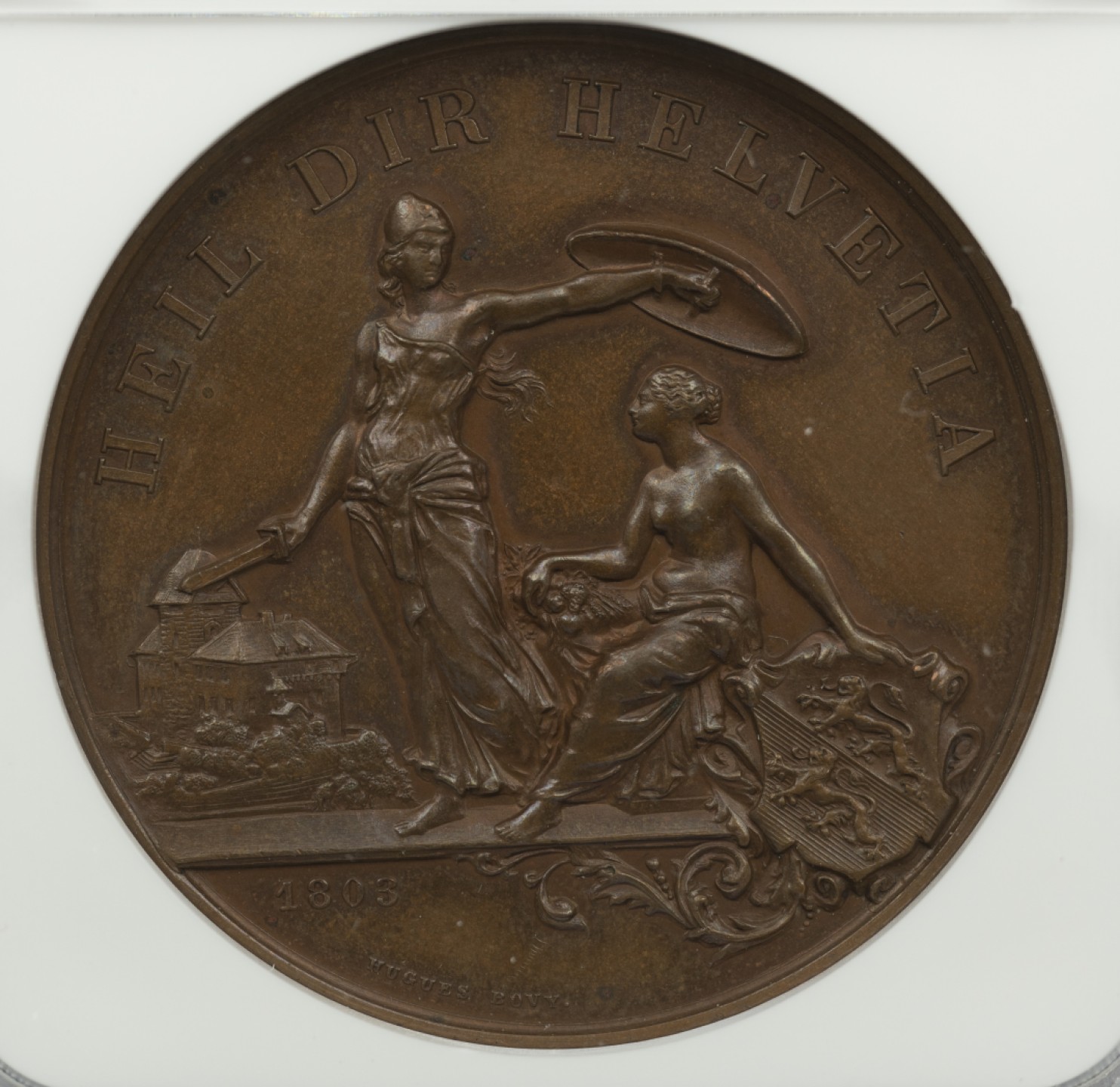 万国钱币拍卖第003期（圣诞精品特拍） 瑞士1890劳芬恩菲尔德射击节铜章，高点俱在，雕刻精美，难得的高分品相，加厚盒。