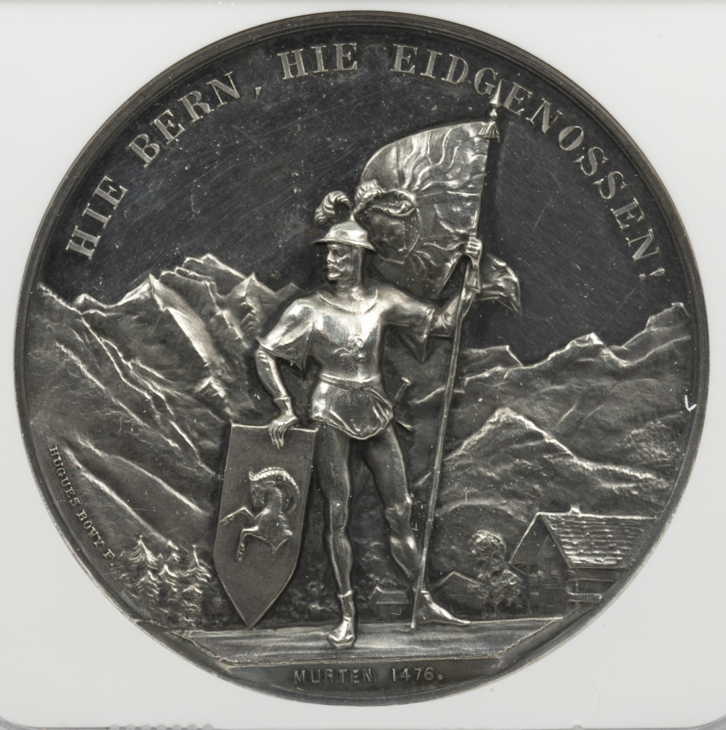 万国钱币拍卖第003期（圣诞精品特拍） 瑞士1888伯恩-因特拉肯射击节大银章，稀少品种，镜面高浮雕，五彩包浆，错杀状态。