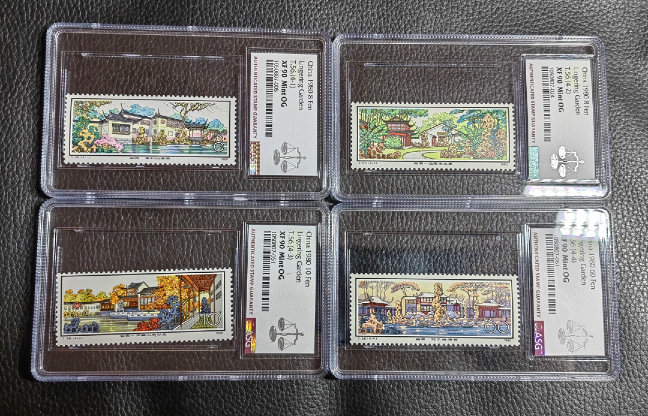洪涛臻品批发群  精选邮票限时拍卖第一百二十三期 T56留园  新全  ASG90高分一组，中盒，一手出分，壳子完好无划痕，非常漂亮，版撕全品送评，最严格时期一次性出分，面艳背白，票状态极佳，中盒评级费四枚下来接近500元，90高分藏家首选，喜欢不要错过。