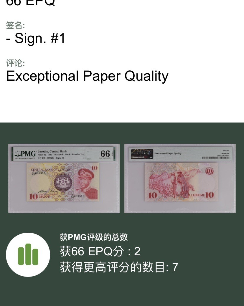 收藏联盟Quantum Auction 第221期拍卖 （已更新） 莱索托1981年10马洛蒂 PMG66 初版稀少