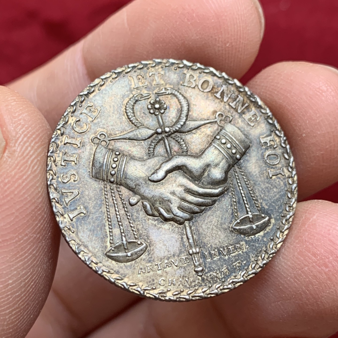 《竞宝斋》第128场-周日，周一 ，2场连拍（全场包邮） 法国 1809 里昂公证处 银章 双面深彩包浆 细节非常好 特殊的边缘花边很漂亮 29.36mm 10.6克 可评级