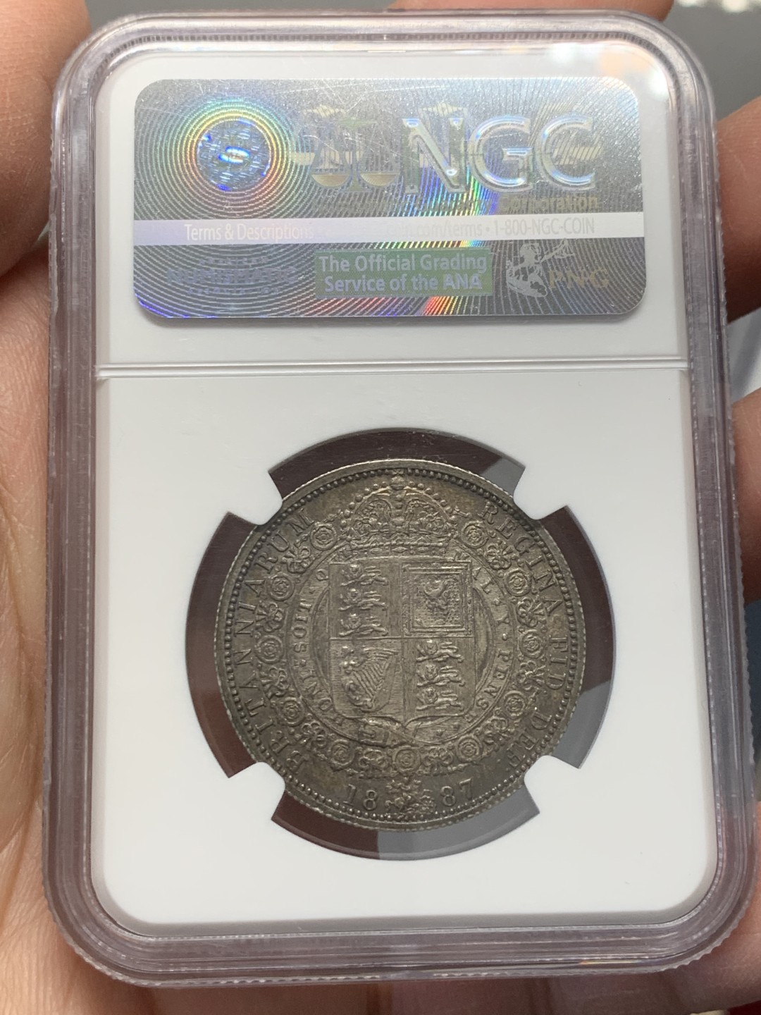 《竞宝斋》第128场-周日，周一 ，2场连拍（全场包邮） NGC-AU58 1887年英国维多利亚女王高冠半克朗银币 自然黑彩好状态，底板细节俱佳