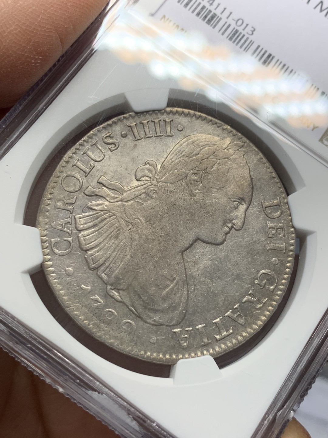 《竞宝斋》第128场-周日，周一 ，2场连拍（全场包邮） NGC AU50 墨西哥 1799年 早期版本 卡四 双柱 8R 大银币原味状态