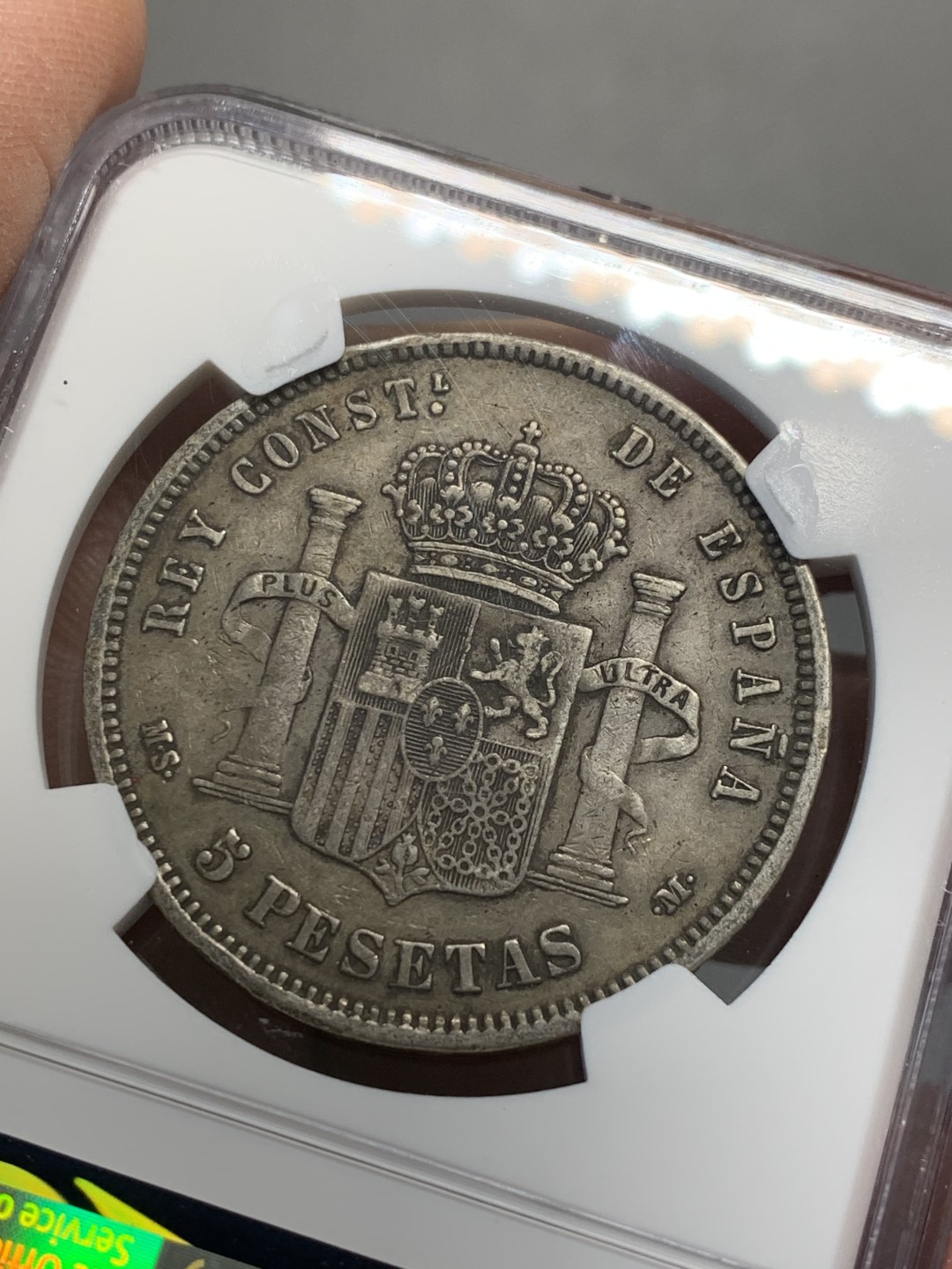 《竞宝斋》第128场-周日，周一 ，2场连拍（全场包邮） NGC-XF45 西班牙1884年 阿方索十二世 5比塞塔双柱大银币 原味好品