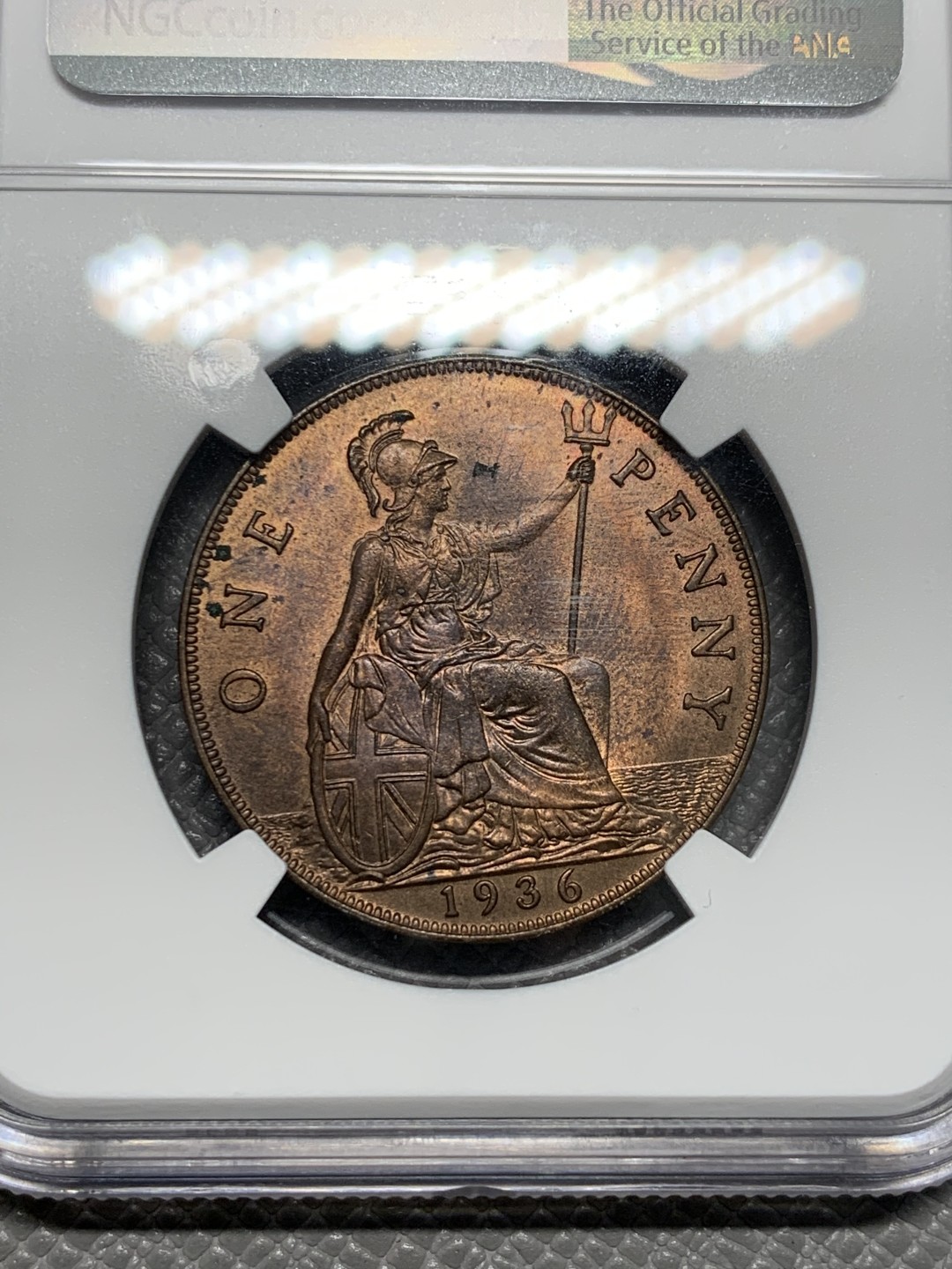 《竞宝斋》第128场-周日，周一 ，2场连拍（全场包邮） NGC-MS63RB 英国1936年乔治五世1便士大铜币。铜光靓丽，经典不列颠女神