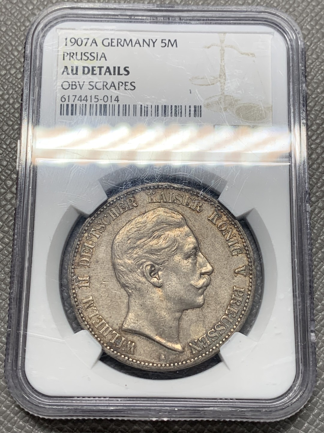 《竞宝斋》第128场-周日，周一 ，2场连拍（全场包邮） NGC-AUD 德国 1907年 普鲁士 威廉二世 大头5马克银币 带淡灰色包浆 细节好