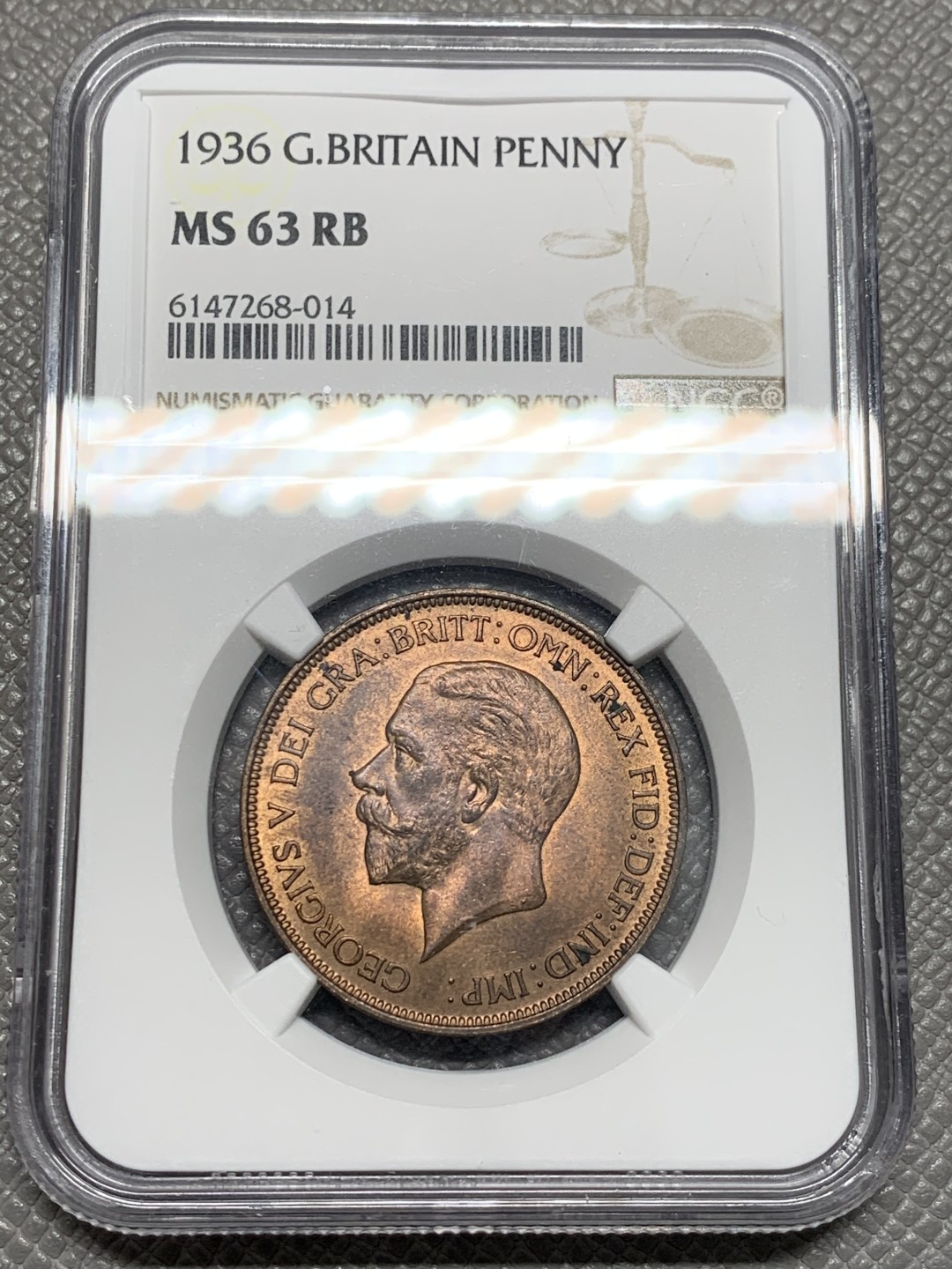 《竞宝斋》第128场-周日，周一 ，2场连拍（全场包邮） NGC-MS63RB 英国1936年乔治五世1便士大铜币。铜光靓丽，经典不列颠女神