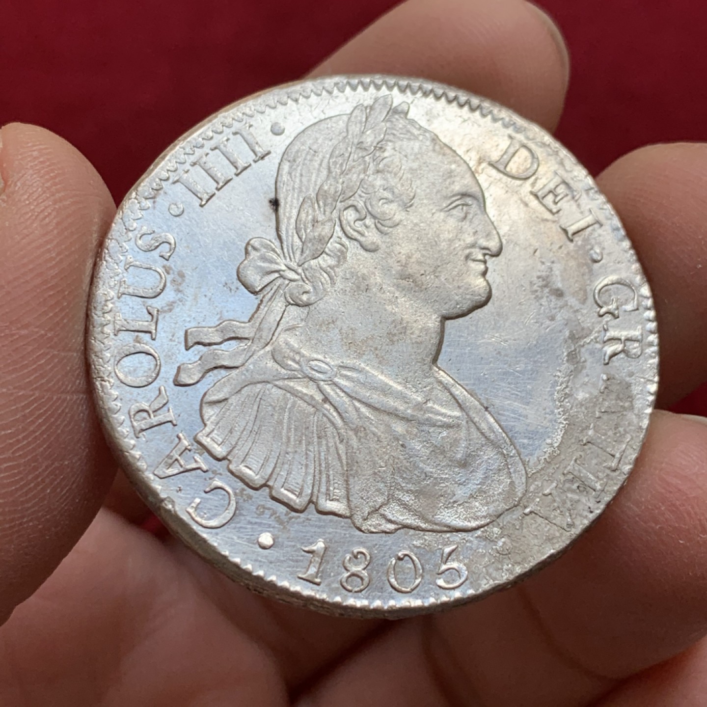 《竞宝斋》第128场-周日，周一 ，2场连拍（全场包邮） 墨西哥 1805年 卡四 双柱 8R 大银币 正反深打 花冠都非常的清晰 AU+的品质 细节状态见图
