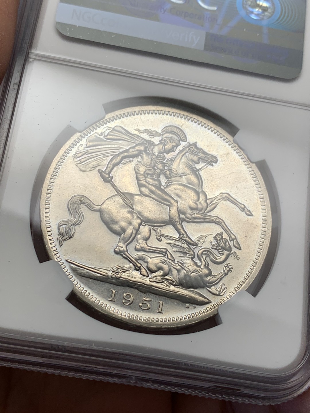 《竞宝斋》第128场-周日，周一 ，2场连拍（全场包邮） NGC-PL63 英国 1951年 1克朗 乔六镍马剑类精制币 值得收藏的马剑