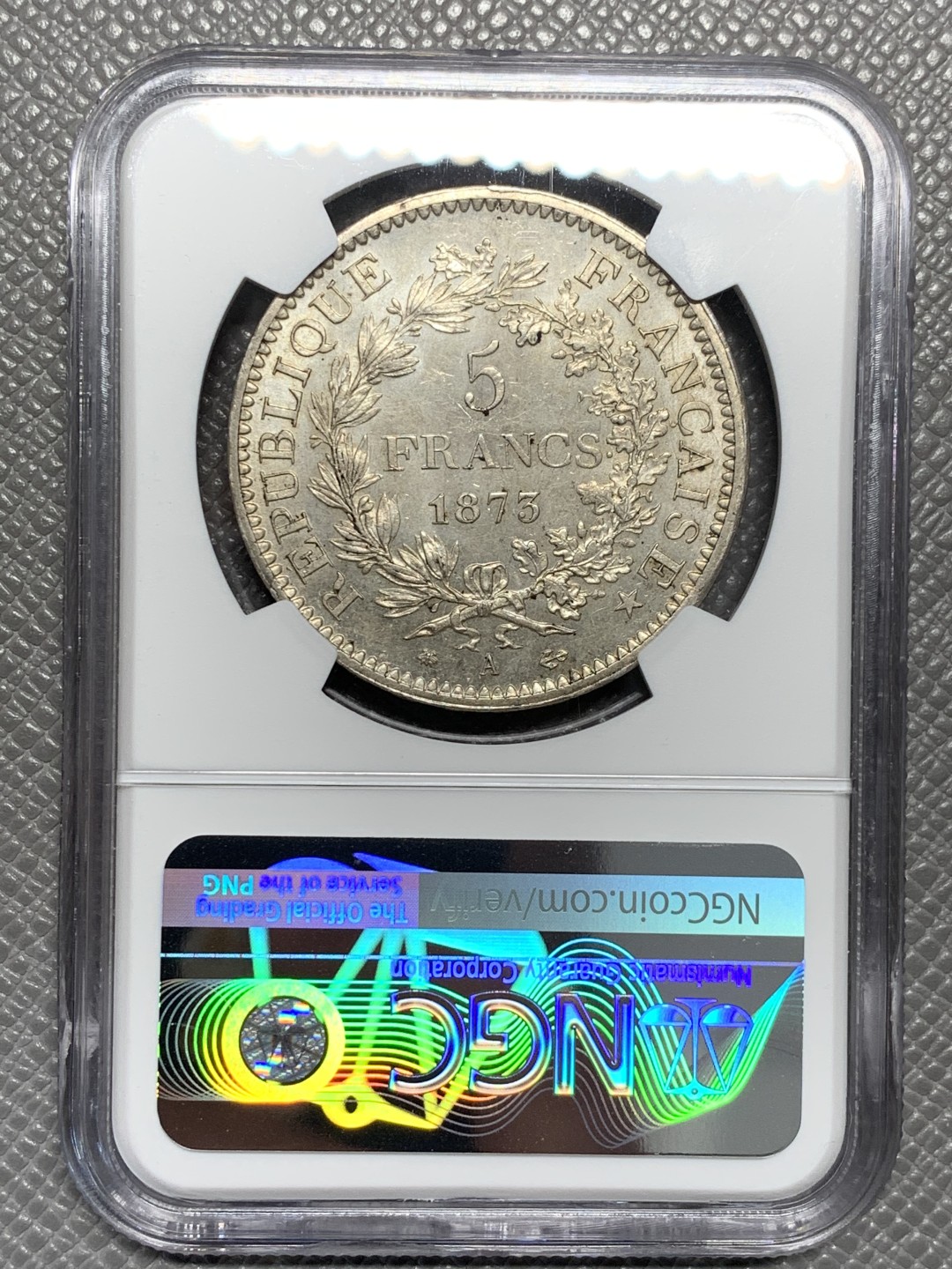 《竞宝斋》第128场-周日，周一 ，2场连拍（全场包邮） NGC MS63 法国 1873A 大力神  5法郎 银币 这个状态比较难得