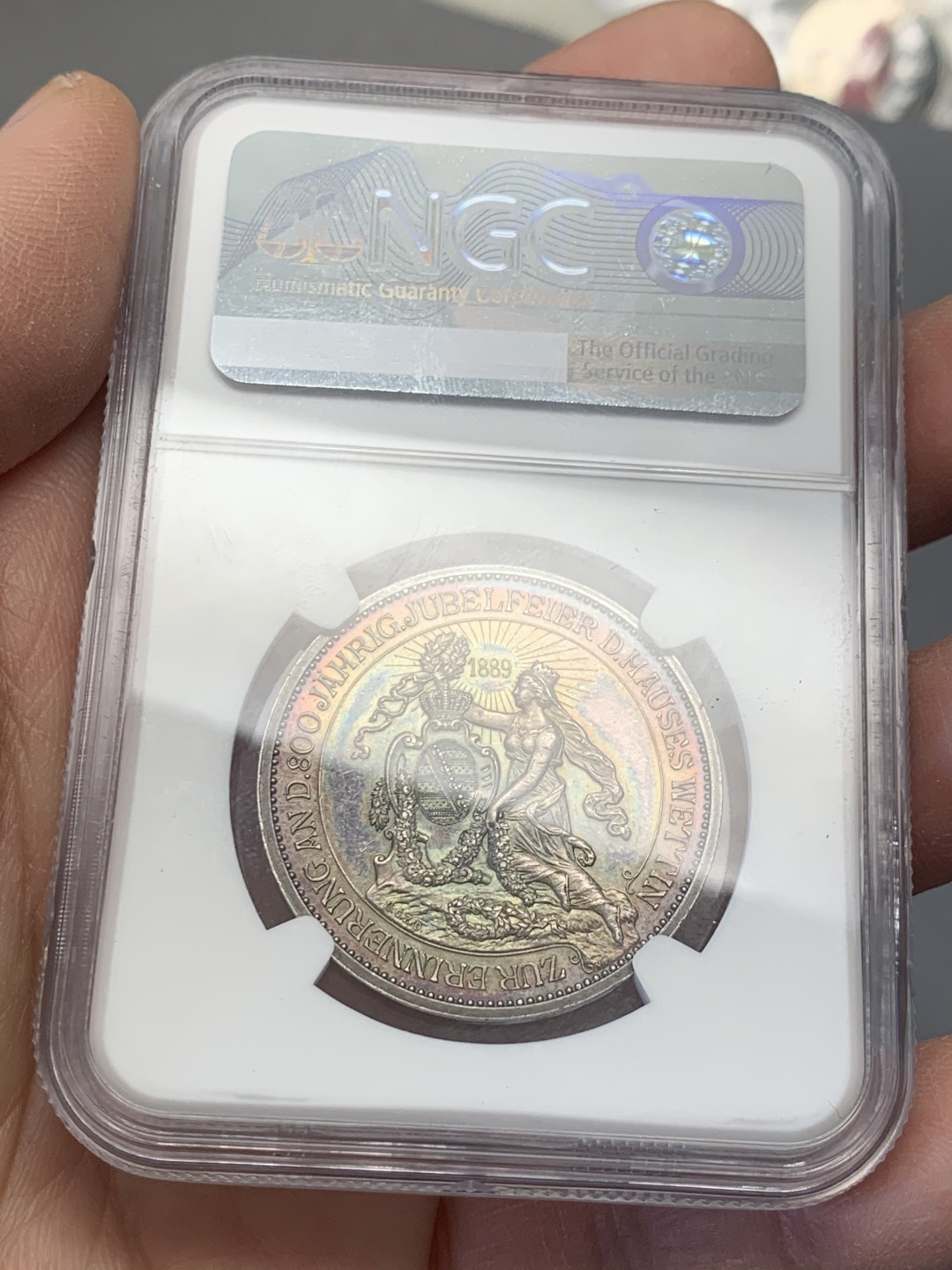 《竞宝斋》第128场-周日，周一 ，2场连拍（全场包邮） NGC-MS61,萨克森1889年维丁王朝800周年纪念银章，双面幻彩，上分不易