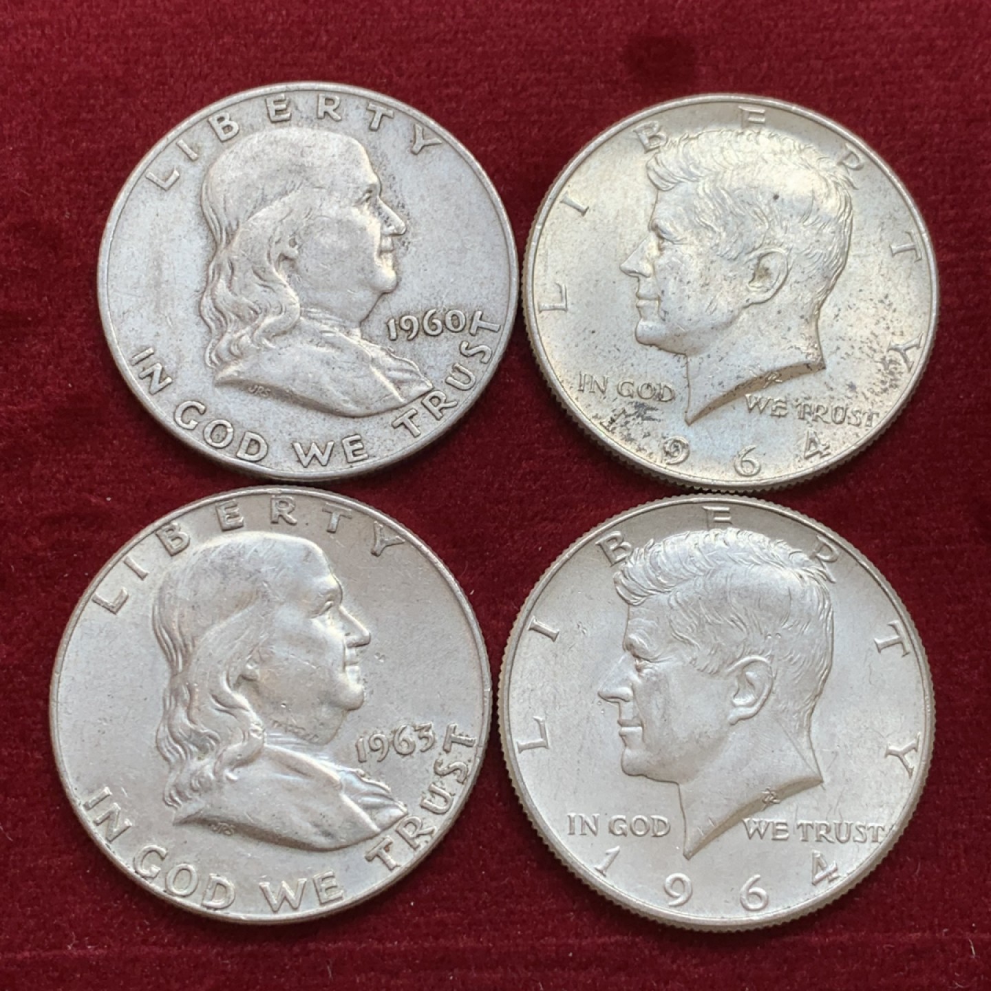 《竞宝斋》第128场-周日，周一 ，2场连拍（全场包邮） 美国900银 银币4枚 2枚富兰克林半美元，2枚肯尼迪半美元 单枚12.5克 都是高银版 合计50克900银