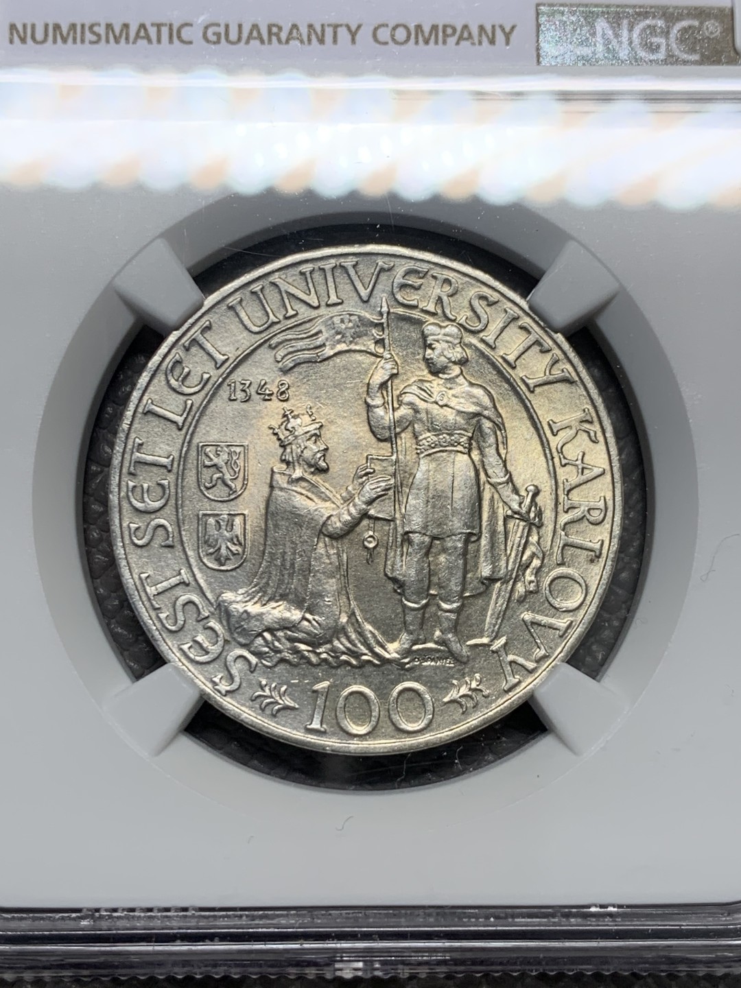 《竞宝斋》第128场-周日，周一 ，2场连拍（全场包邮） NGC-UNC 捷克斯洛伐克1948年查理大学600周年100克朗银币