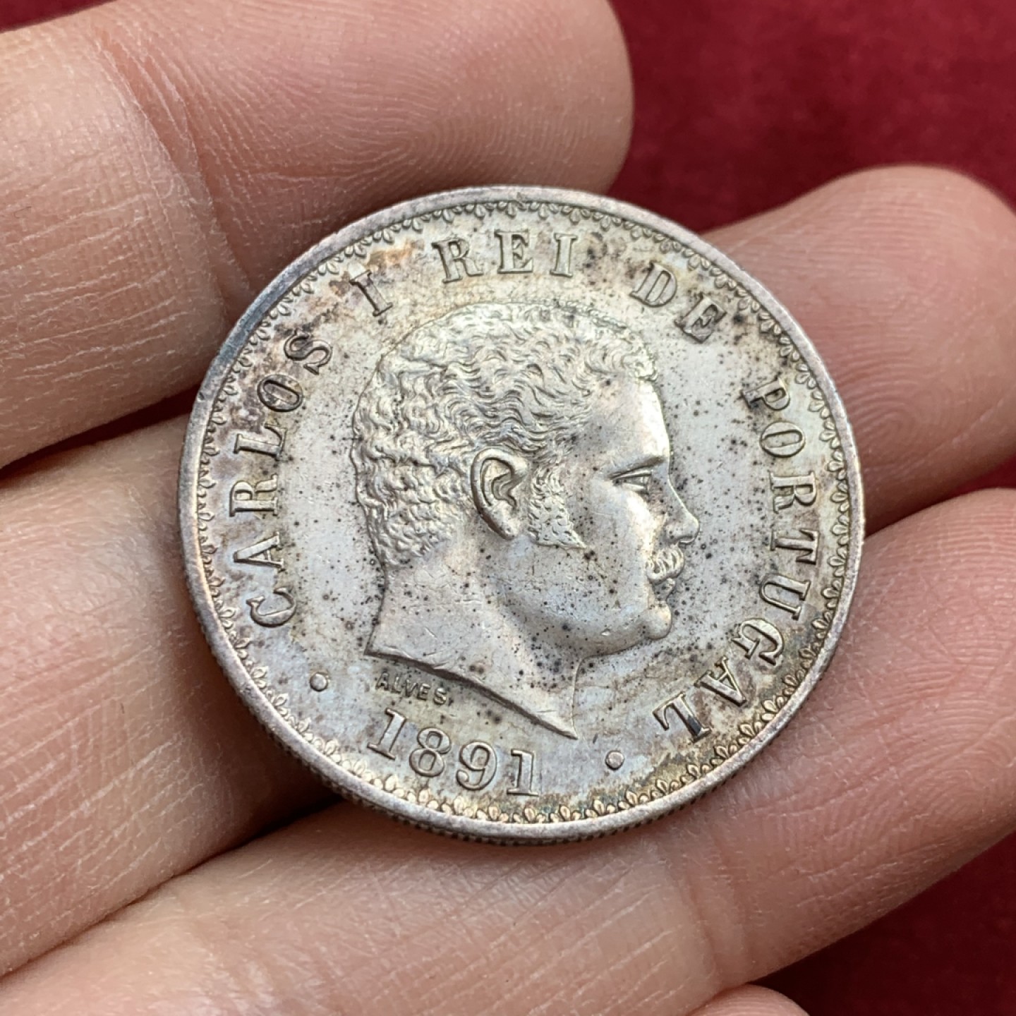 《竞宝斋》第128场-周日，周一 ，2场连拍（全场包邮） 1891年 葡萄牙500瑞斯 银币 带彩 半元型 头发无磨损 难得