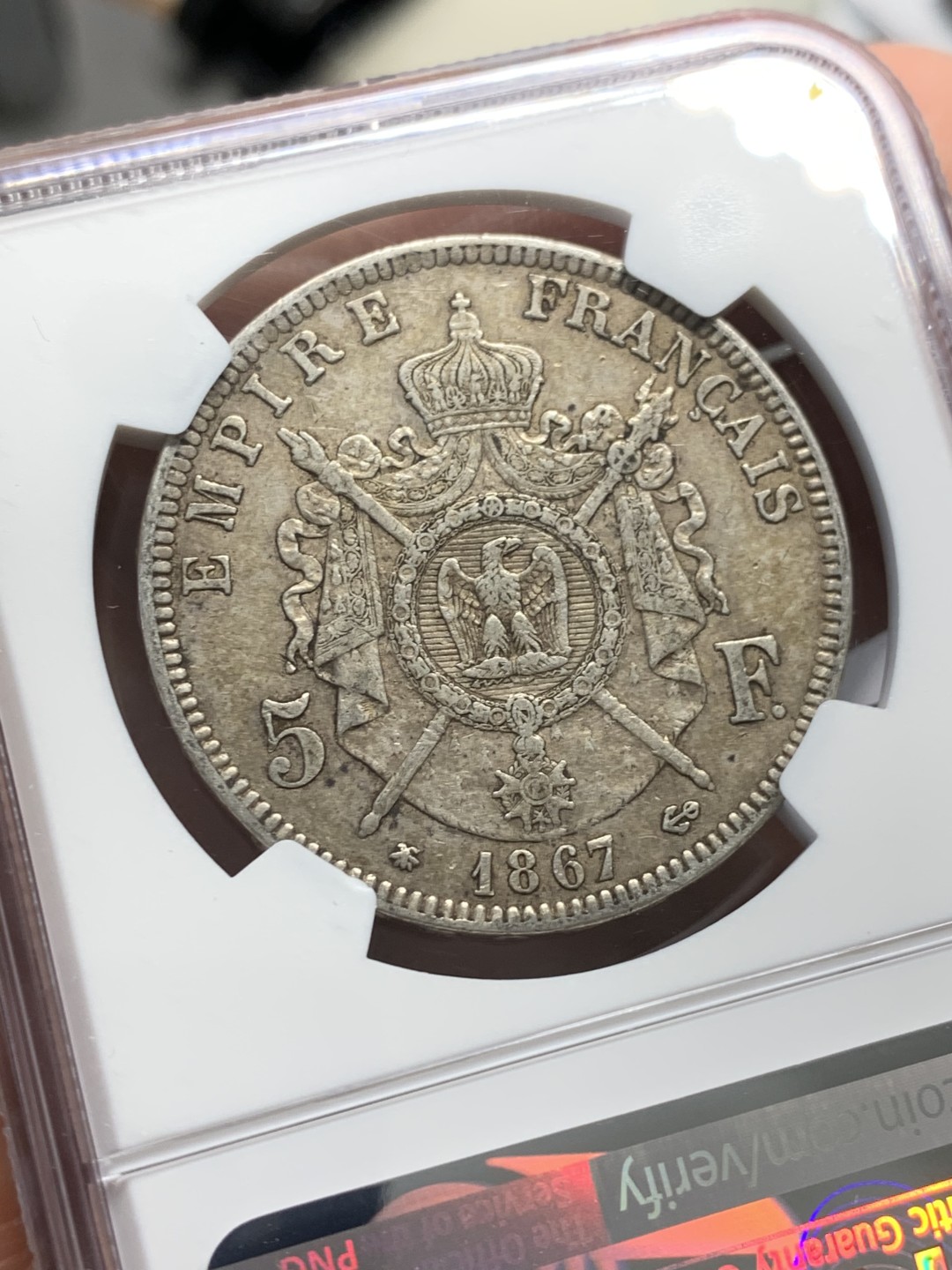 《竞宝斋》第128场-周日，周一 ，2场连拍（全场包邮） NGC AU 法国 1867年 拿三 5法郎银币 原味包浆 细节好 我都没看出 DAMAGE 在哪里