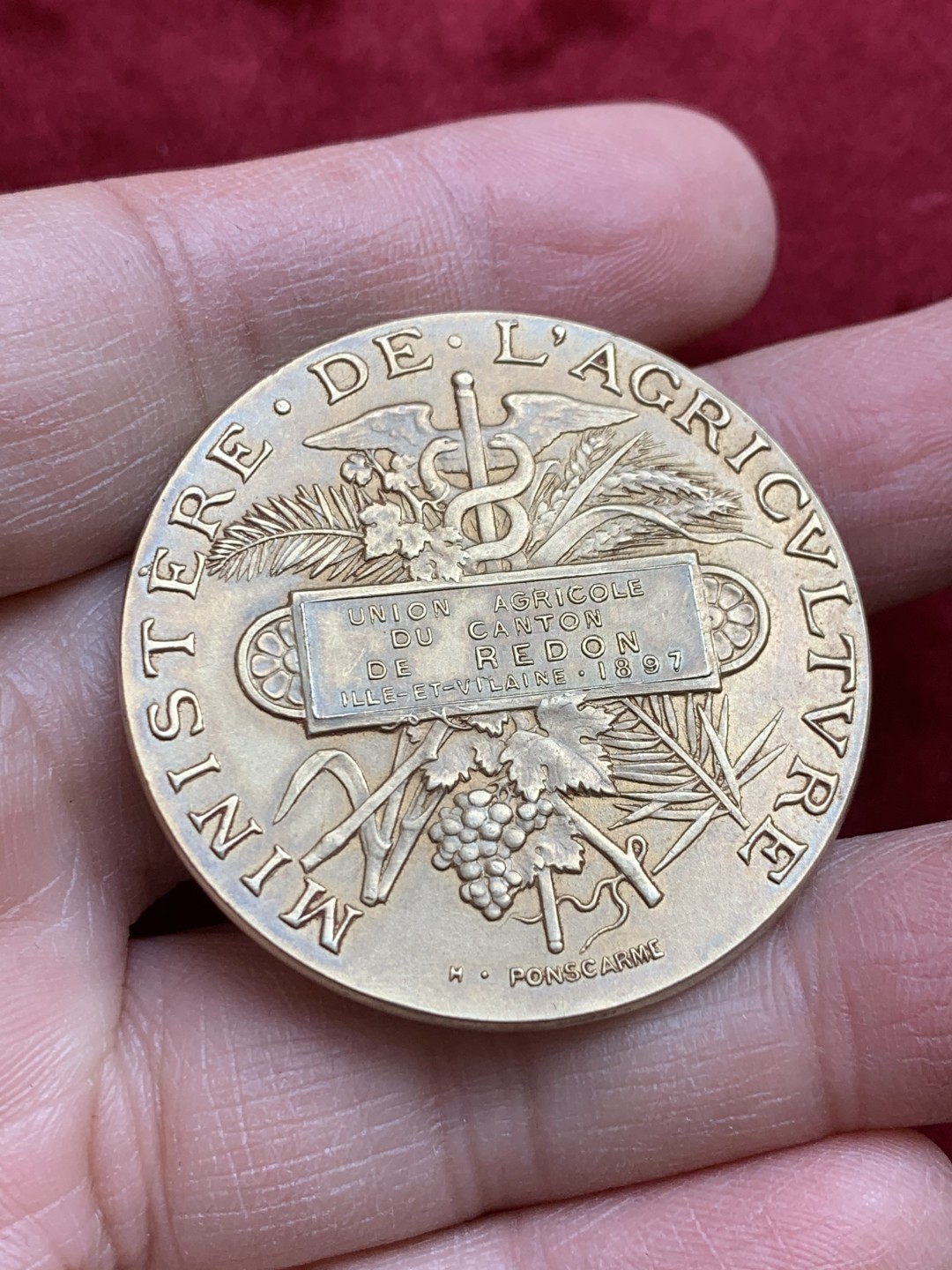 《竞宝斋》第128场-周日，周一 ，2场连拍（全场包邮） 1897法国 商业部墨丘力 镀金银章 原盒纪念章 41mm 37克 带银标