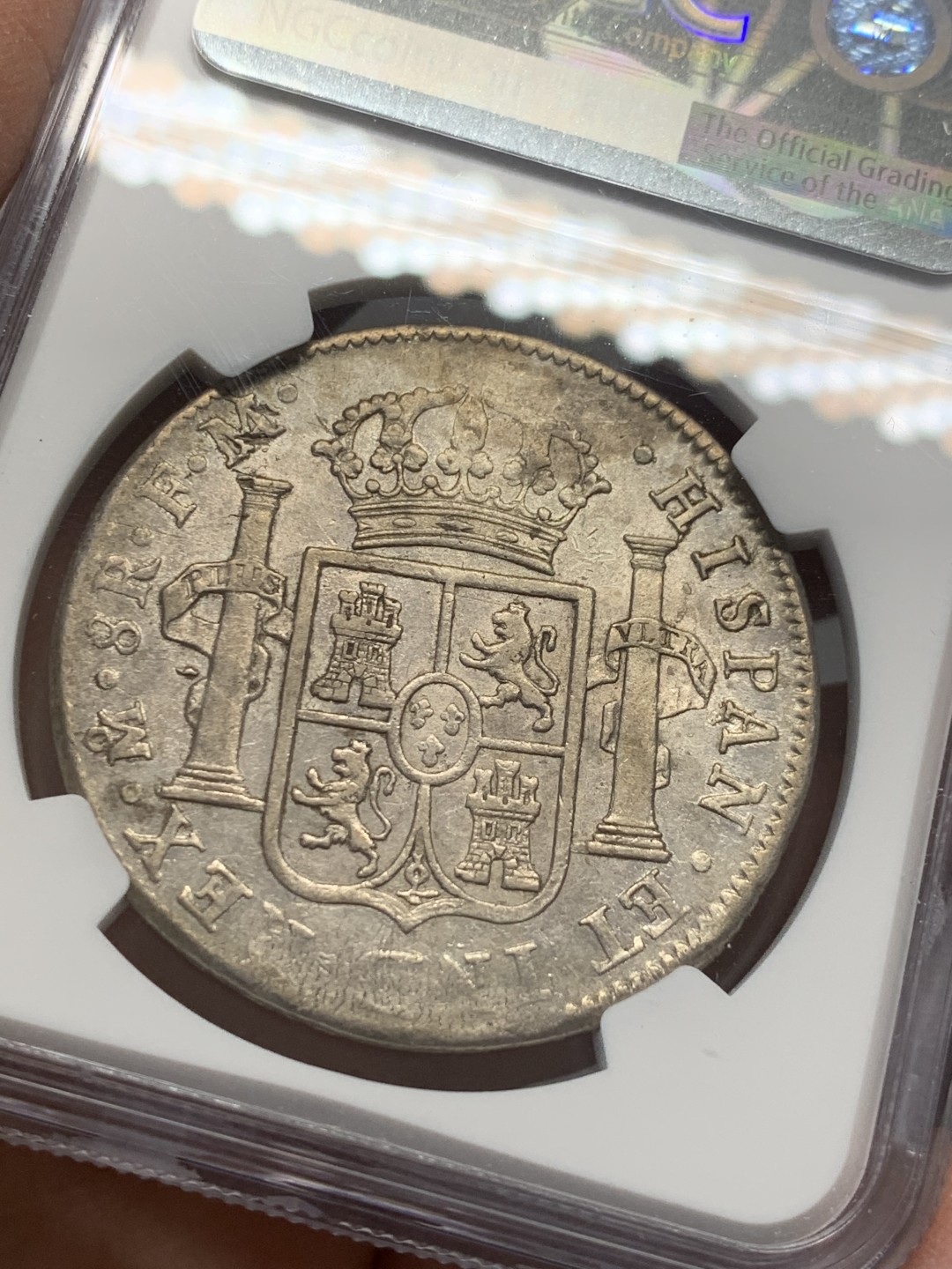 《竞宝斋》第128场-周日，周一 ，2场连拍（全场包邮） NGC AU50 墨西哥 1799年 早期版本 卡四 双柱 8R 大银币原味状态