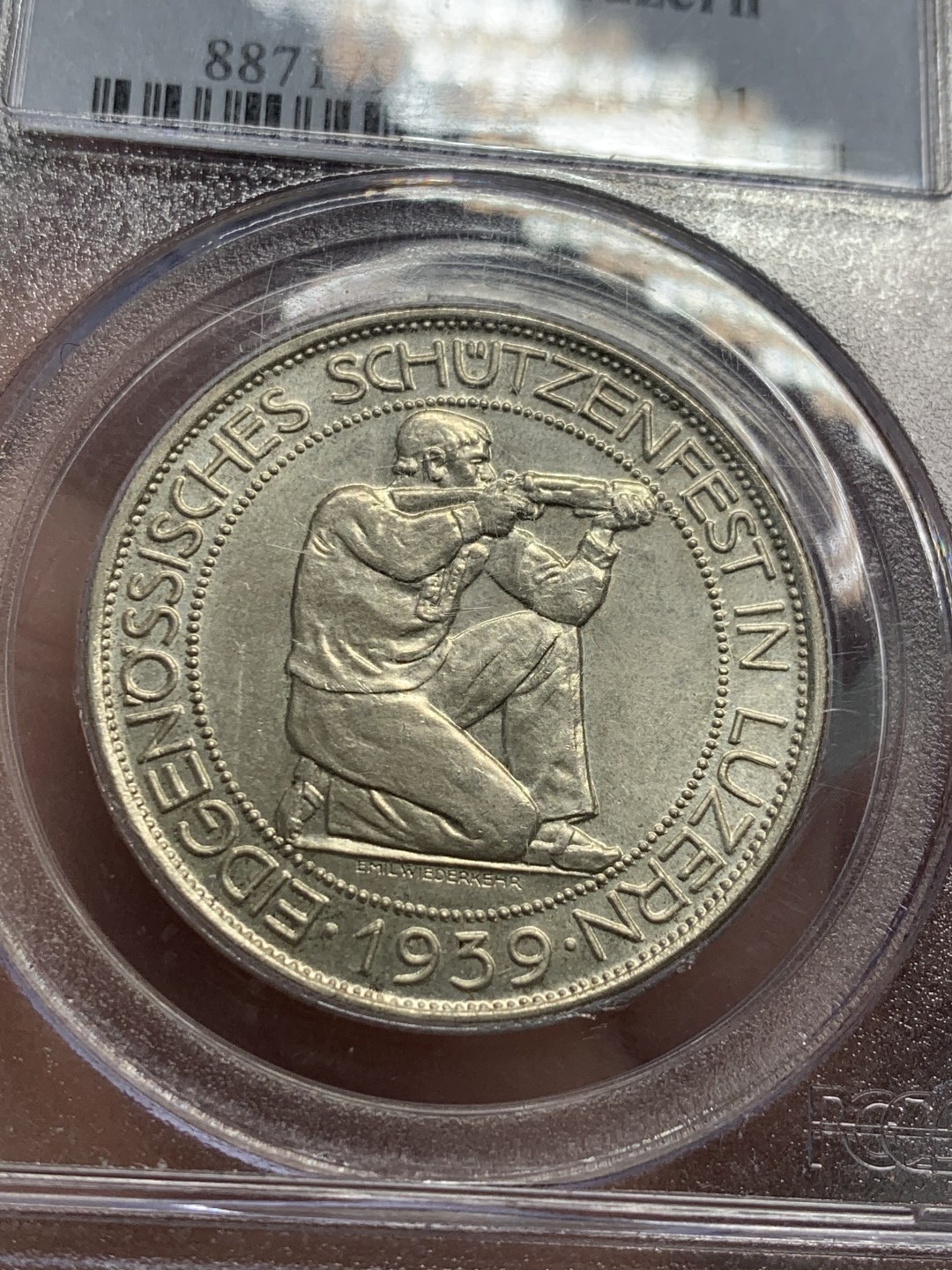 《竞宝斋》第128场-周日，周一 ，2场连拍（全场包邮） PCGS MS64 1939年 瑞士 卢塞恩射击节 5法郎